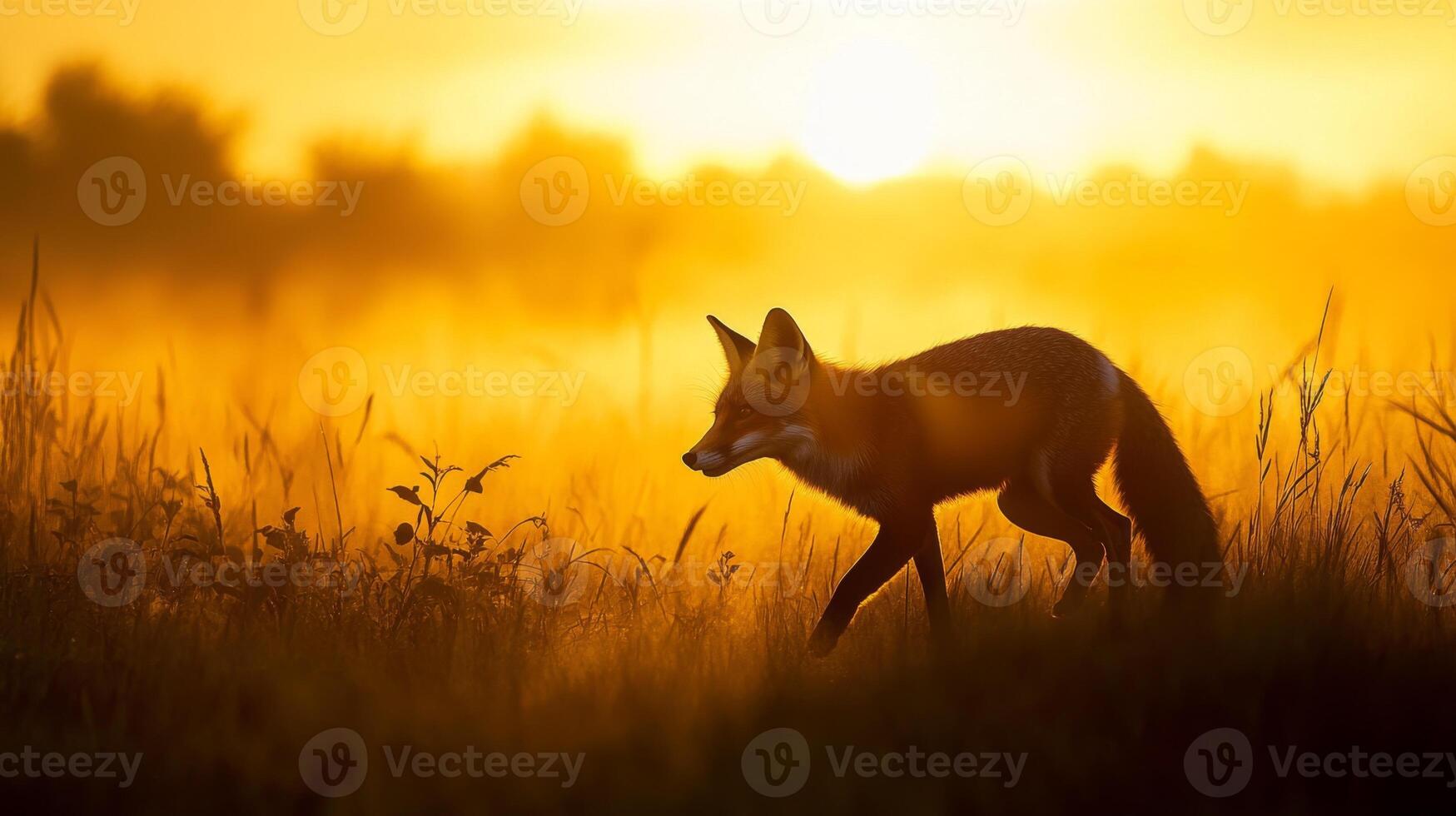 A fox is walking through a field at sunset photo