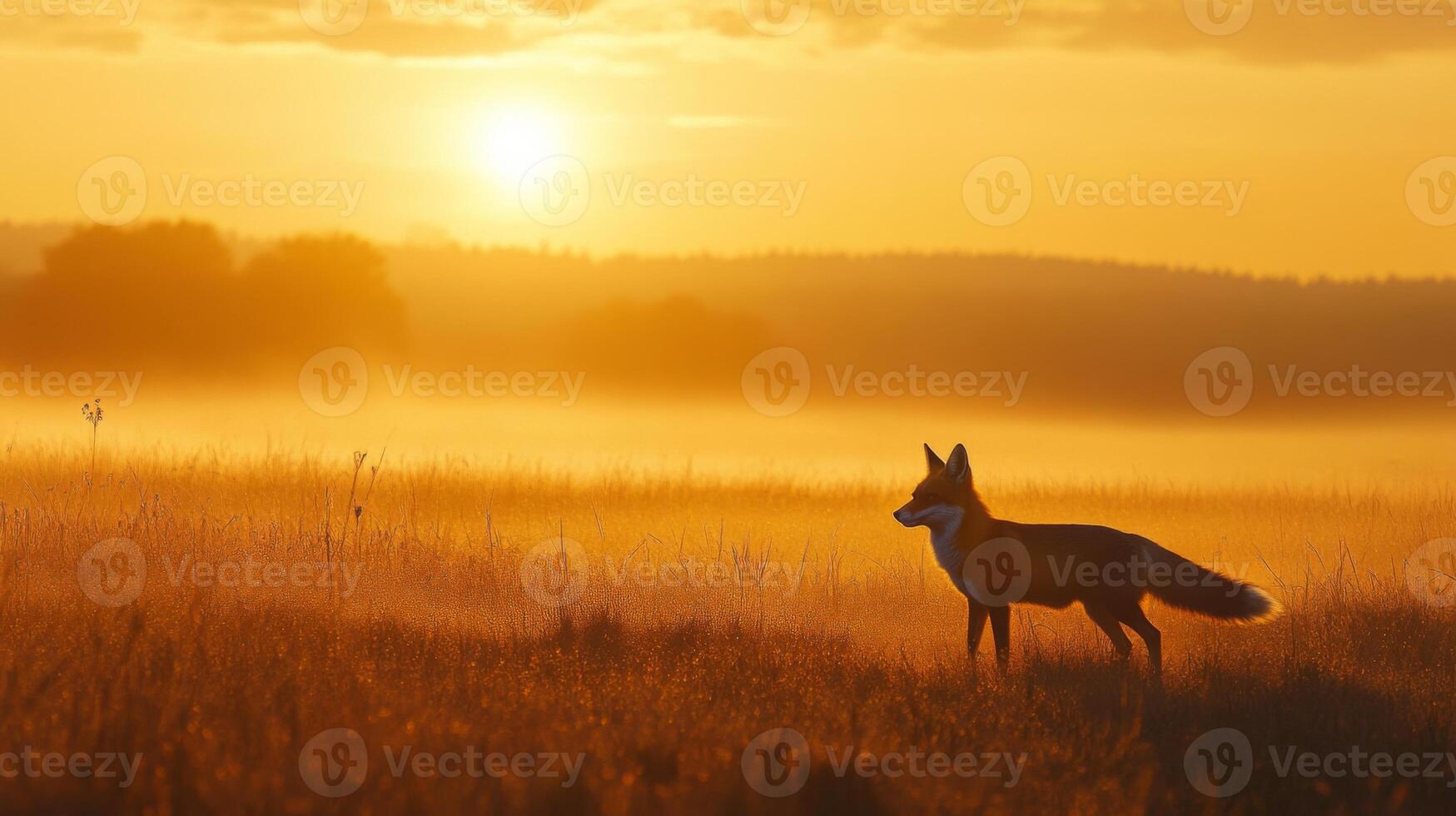 A fox is standing in a field at sunset photo