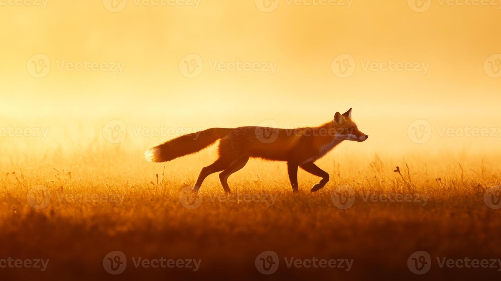 A fox is walking in the fog at sunrise photo
