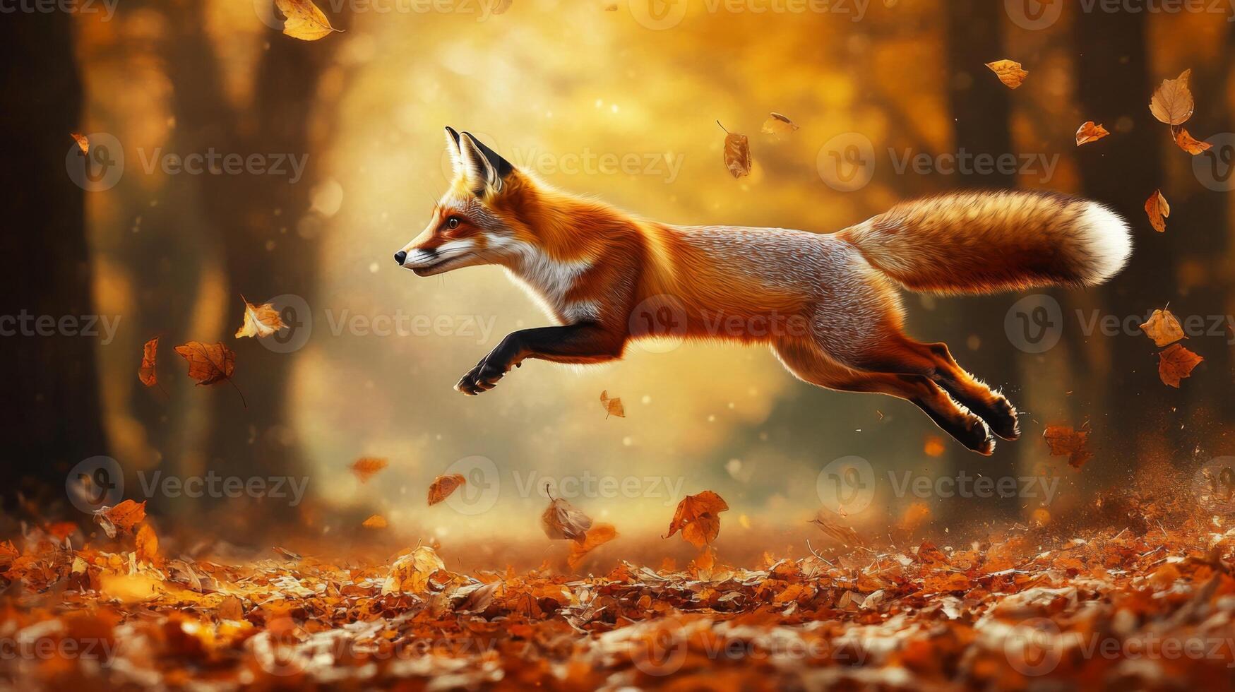 Fox jumping in the autumn forest photo