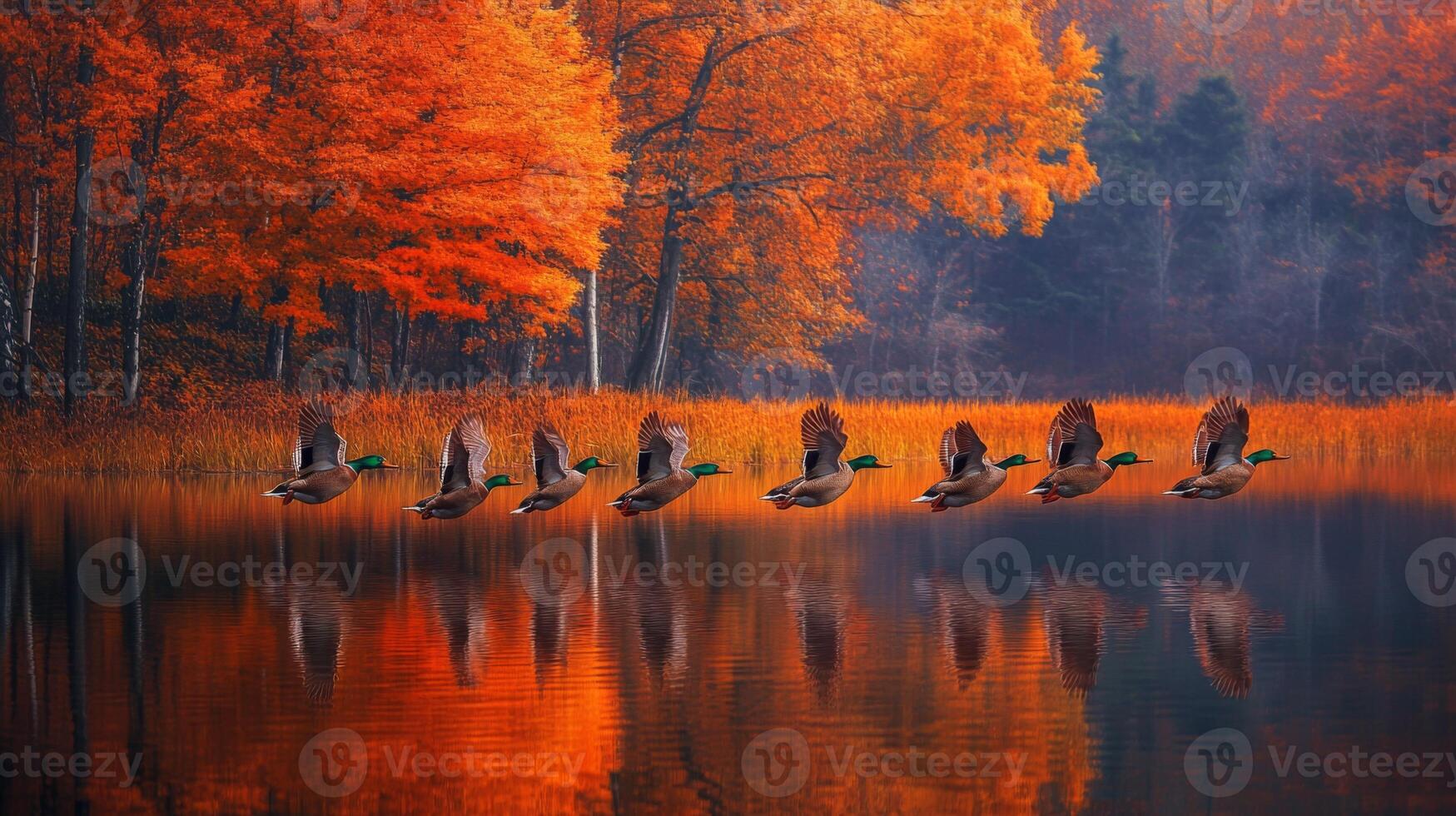 Ducks flying over a lake in autumn photo