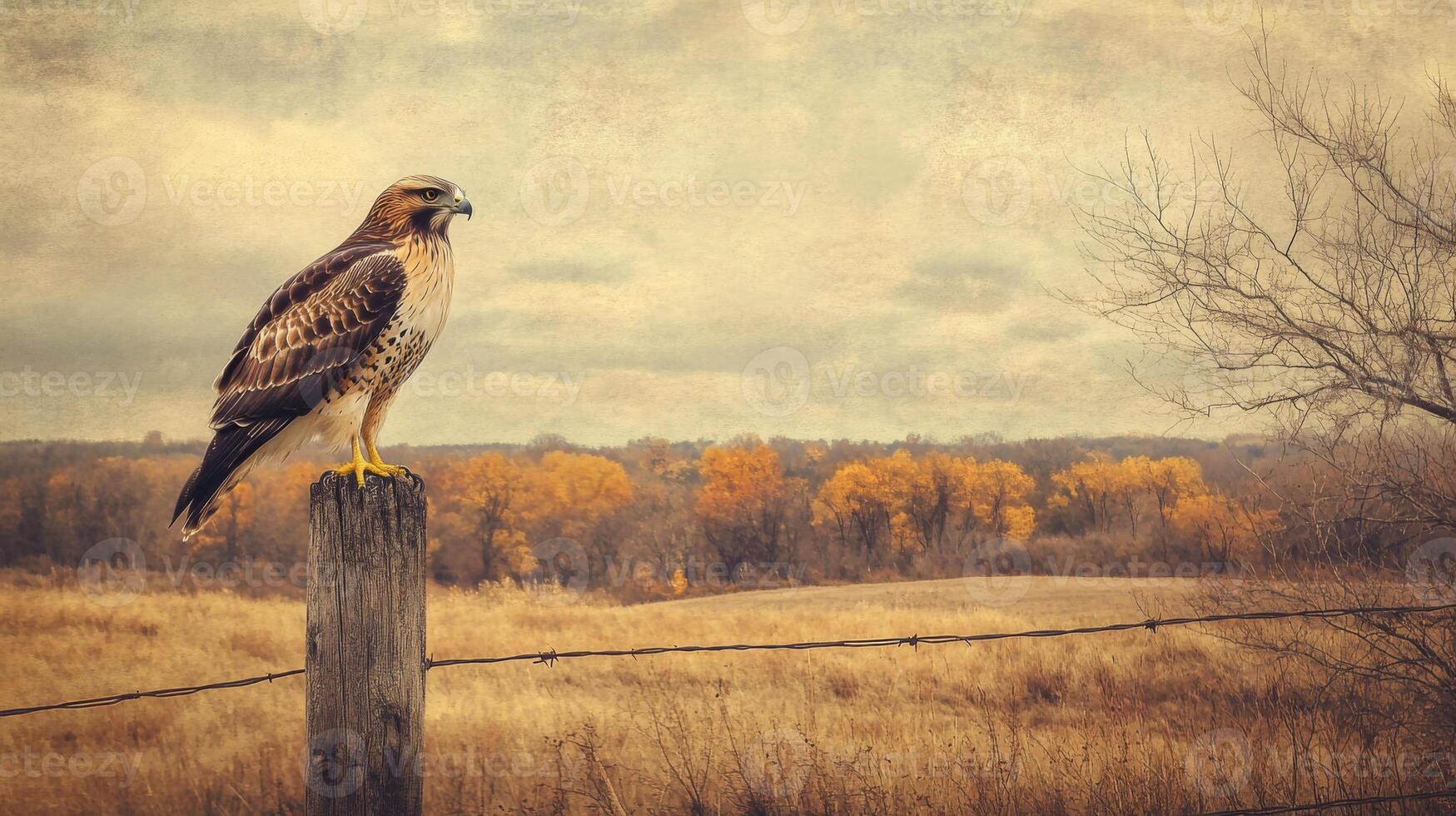 A hawk is perched on a fence post in an open field photo