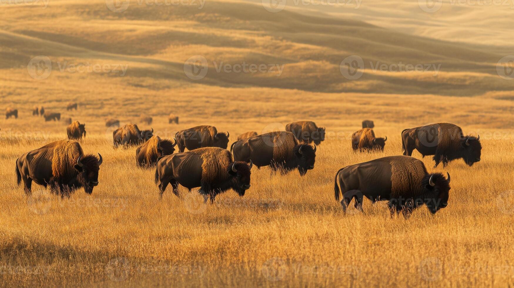 A herd of bison in a field photo