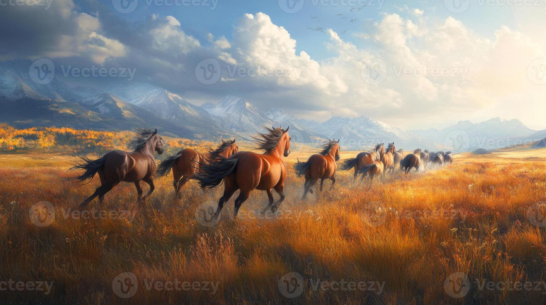 A group of horses running in a field photo