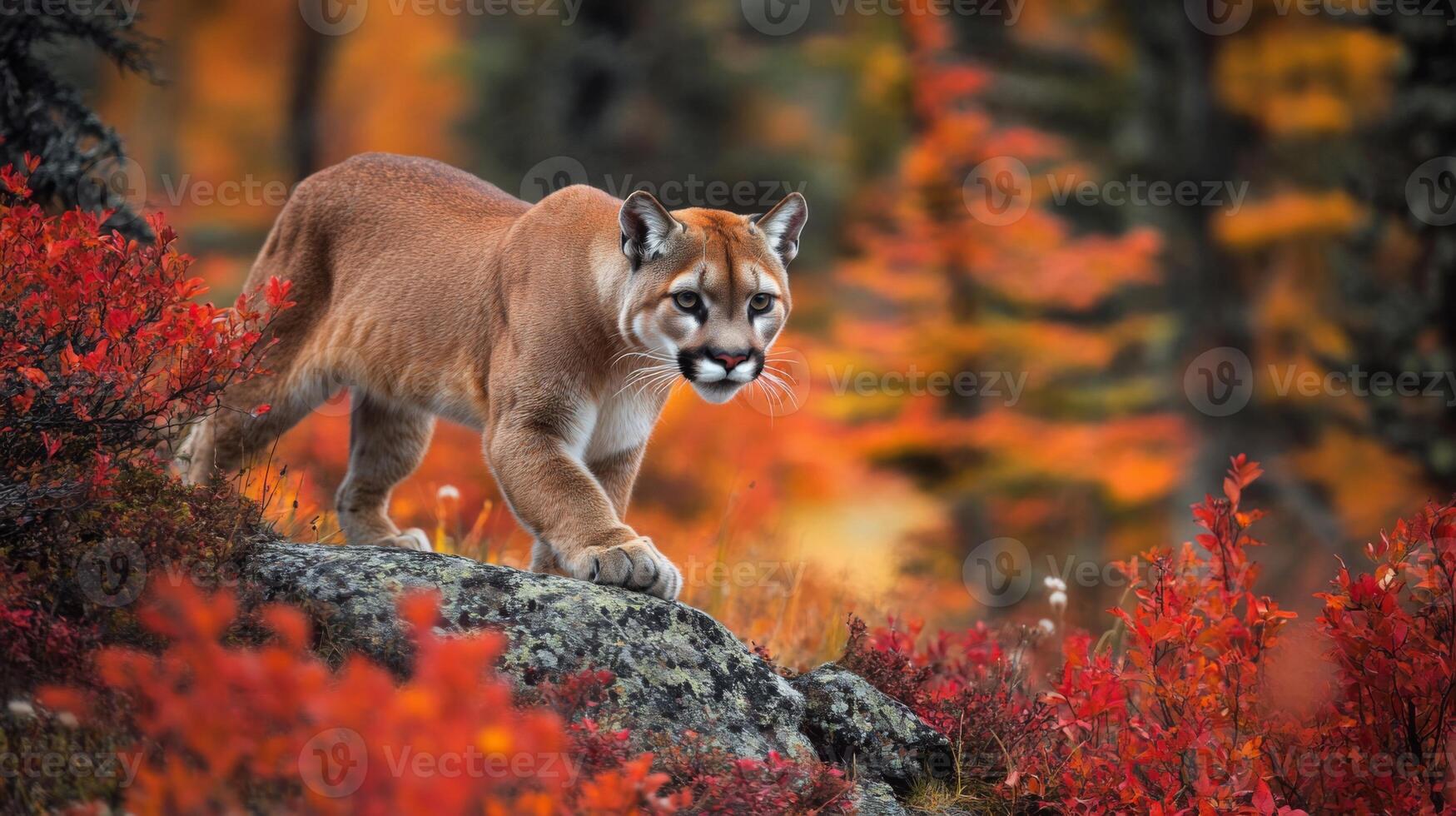 A cougar walking through the forest in autumn photo