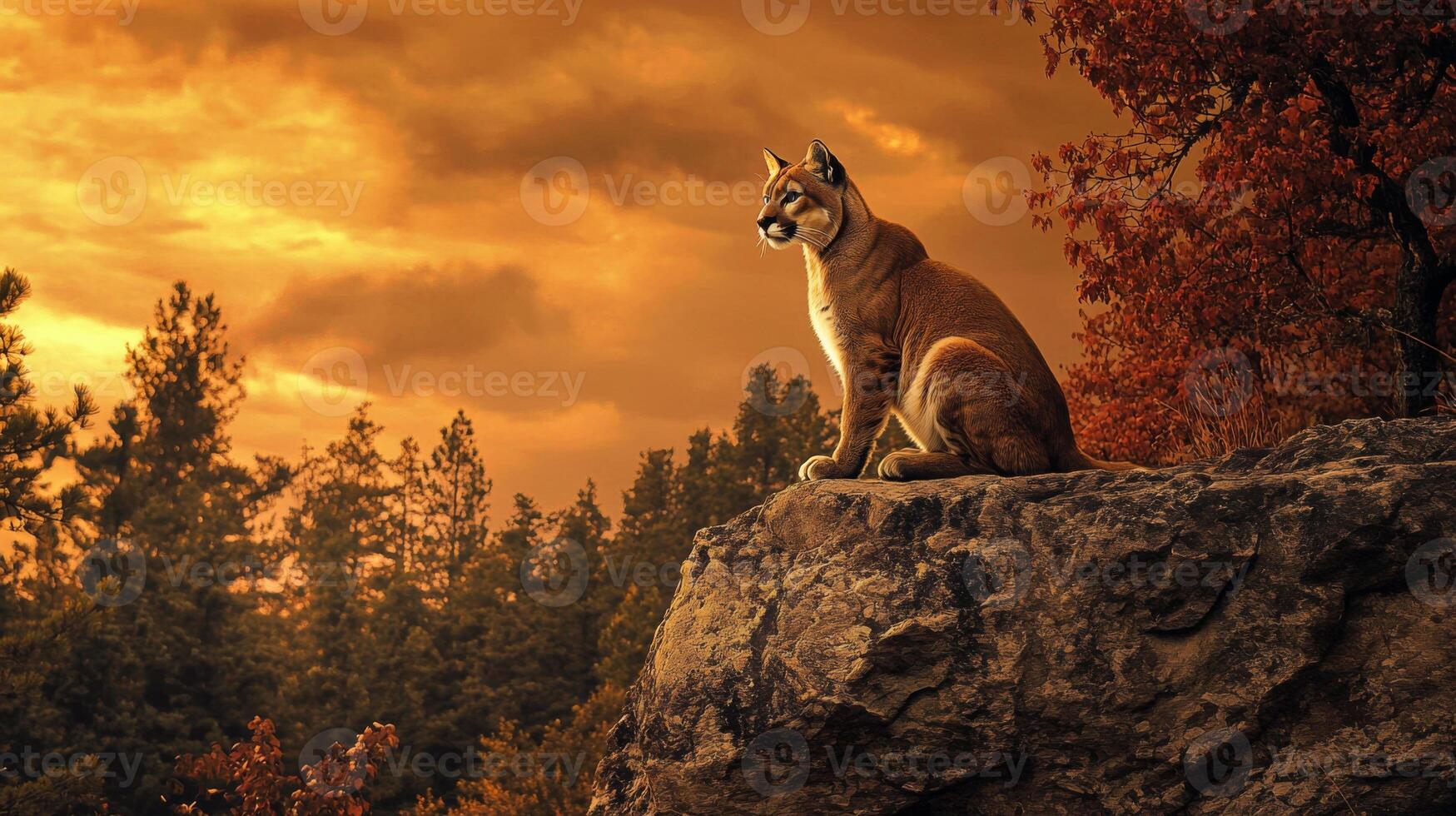 A cougar sitting on a rock in front of an orange sky photo