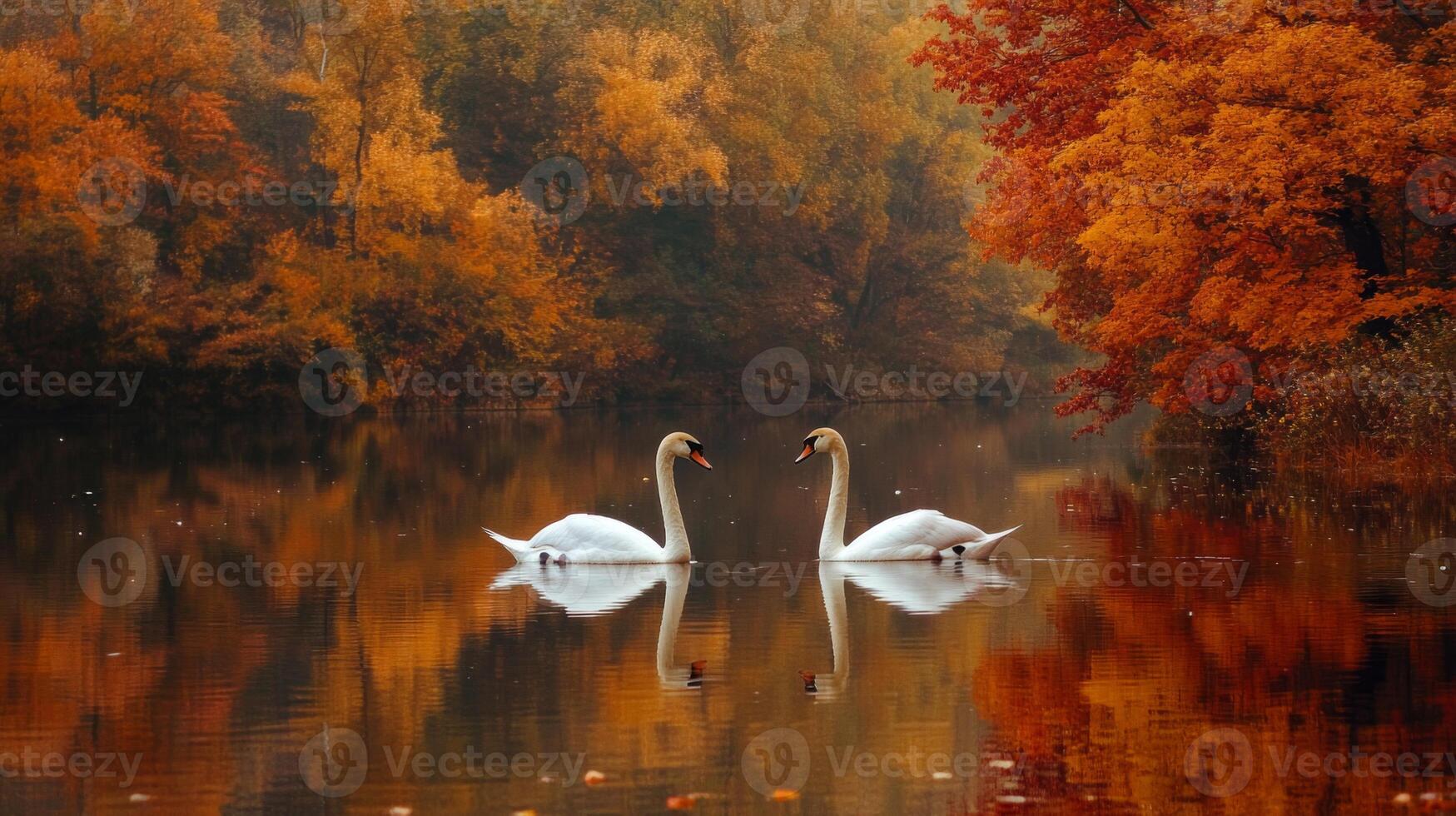 Two swans swimming in the water near autumn trees photo