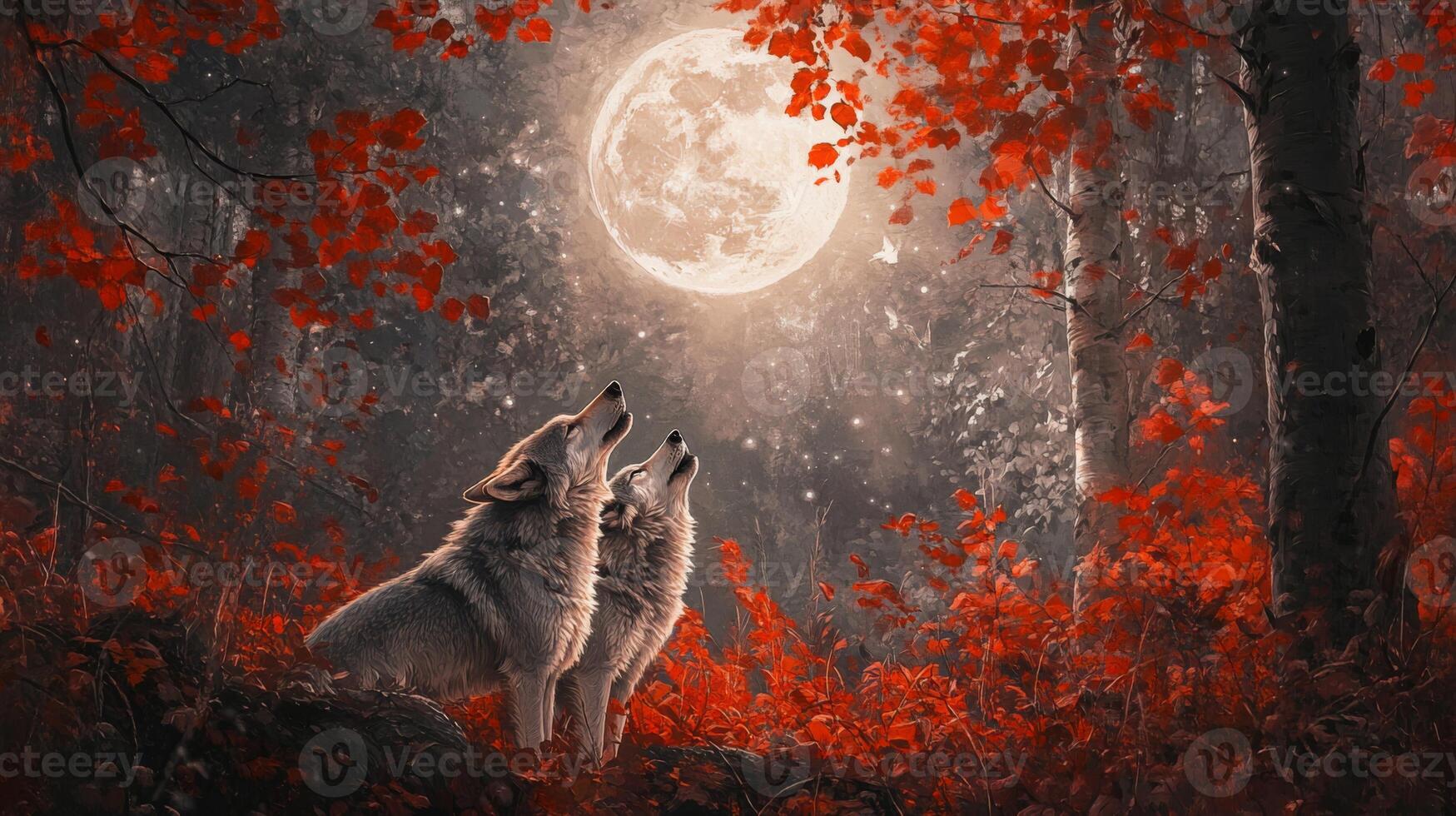 Two wolves howling at the moon in the forest photo