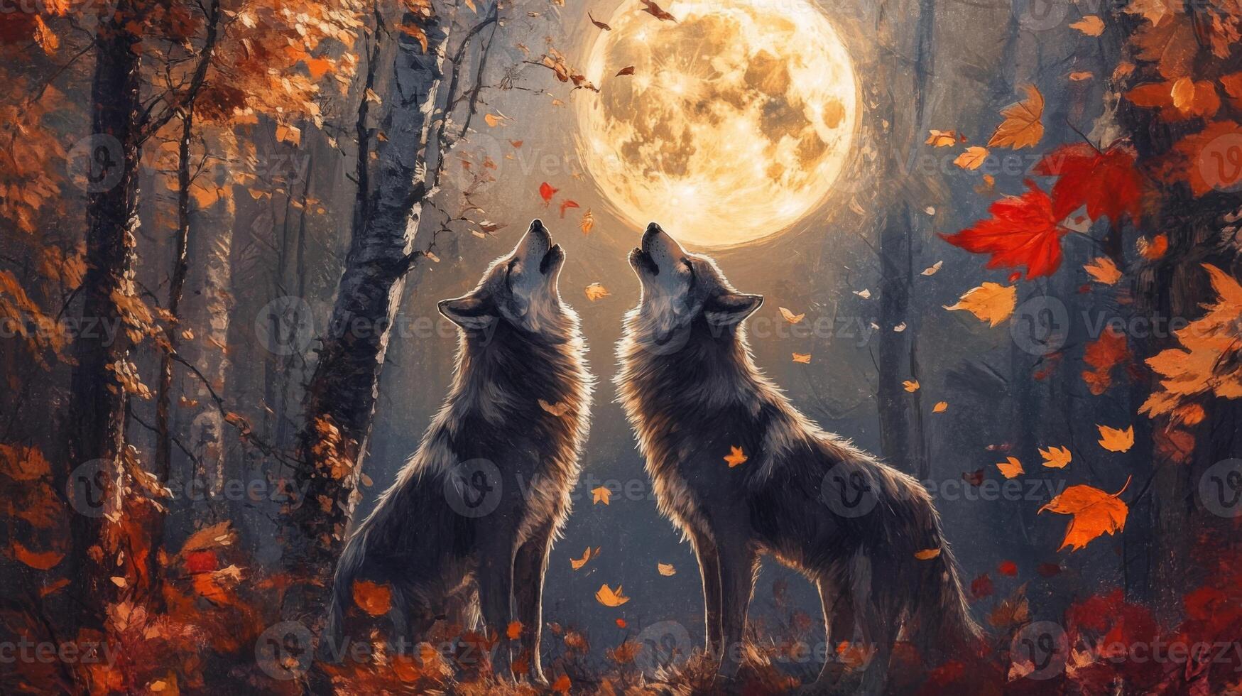 Two wolves howling in the woods with the moon in the background photo