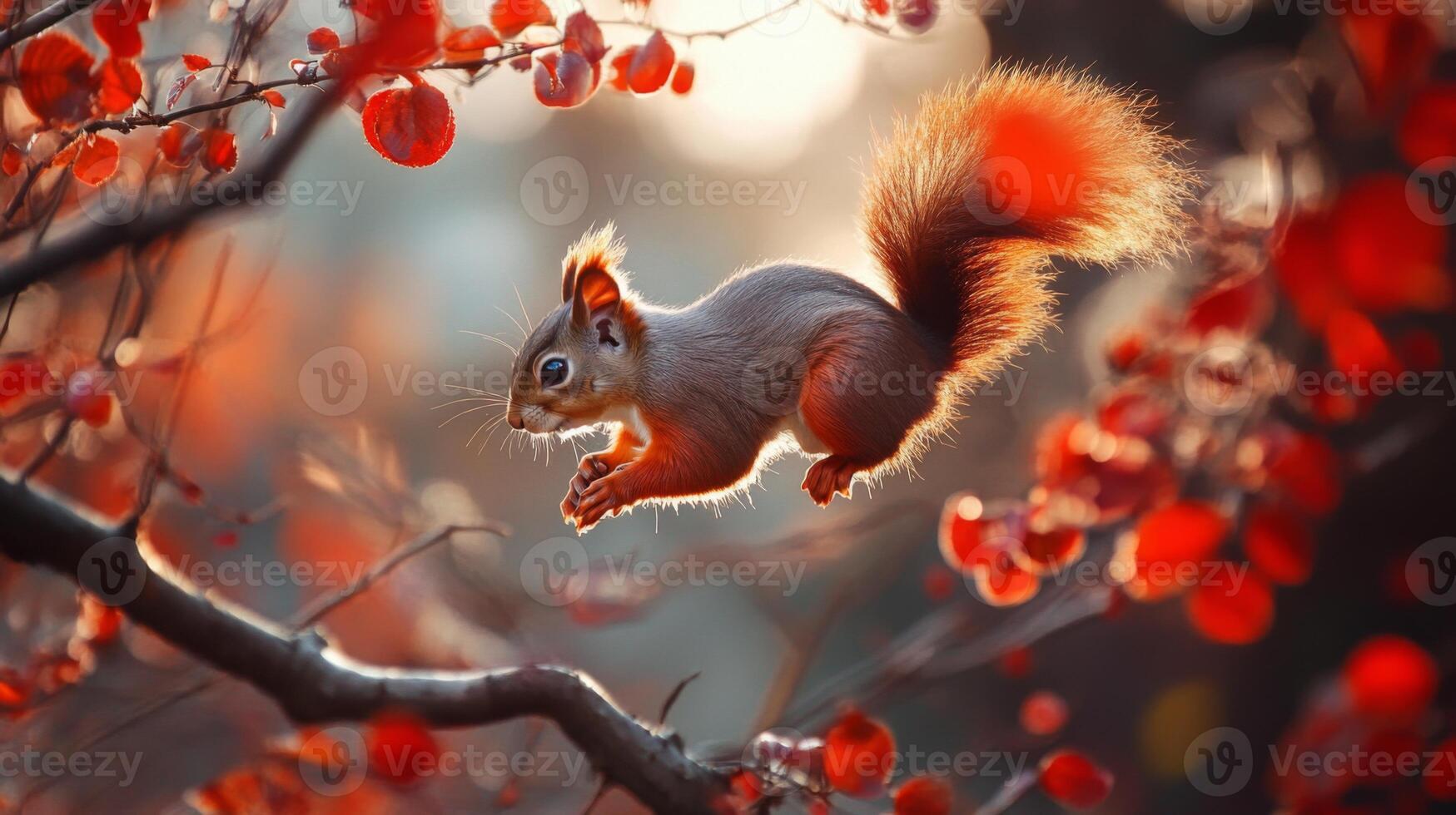 A squirrel is flying through the air in front of red leaves photo