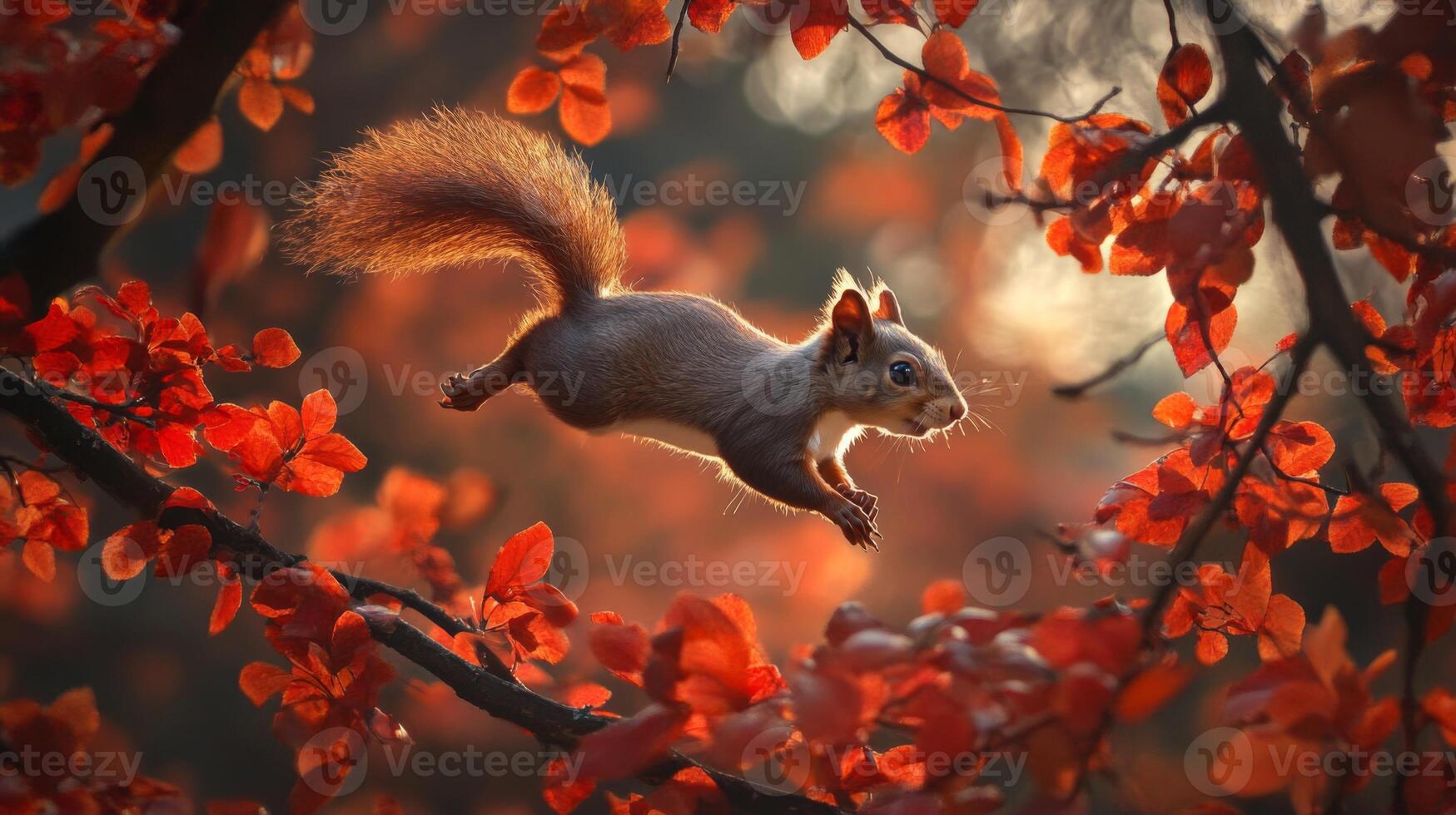 A squirrel is flying through the air in the autumn photo