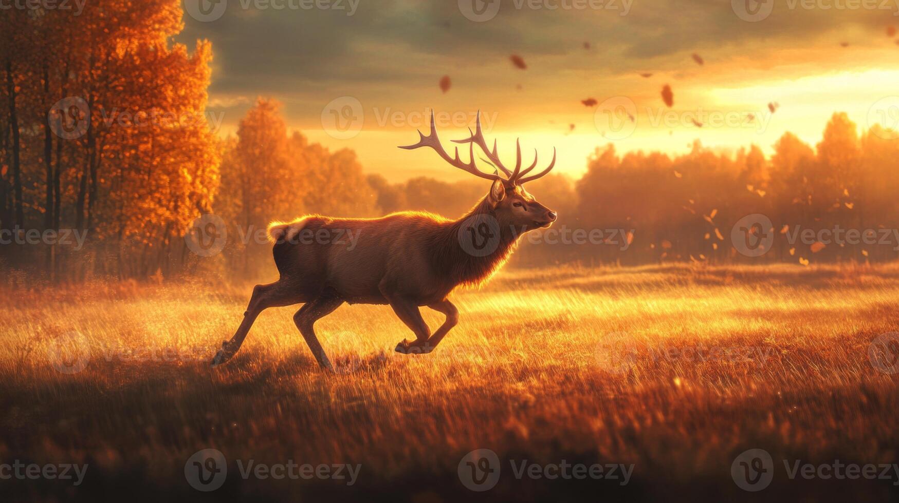 A deer is running in the sunset photo