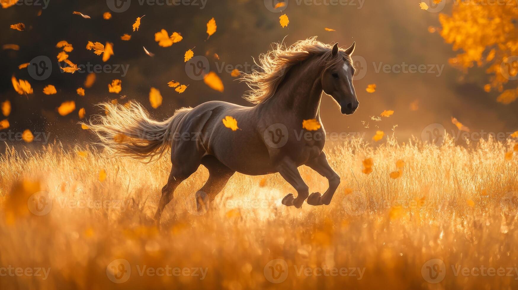 A horse running through a field of autumn leaves photo