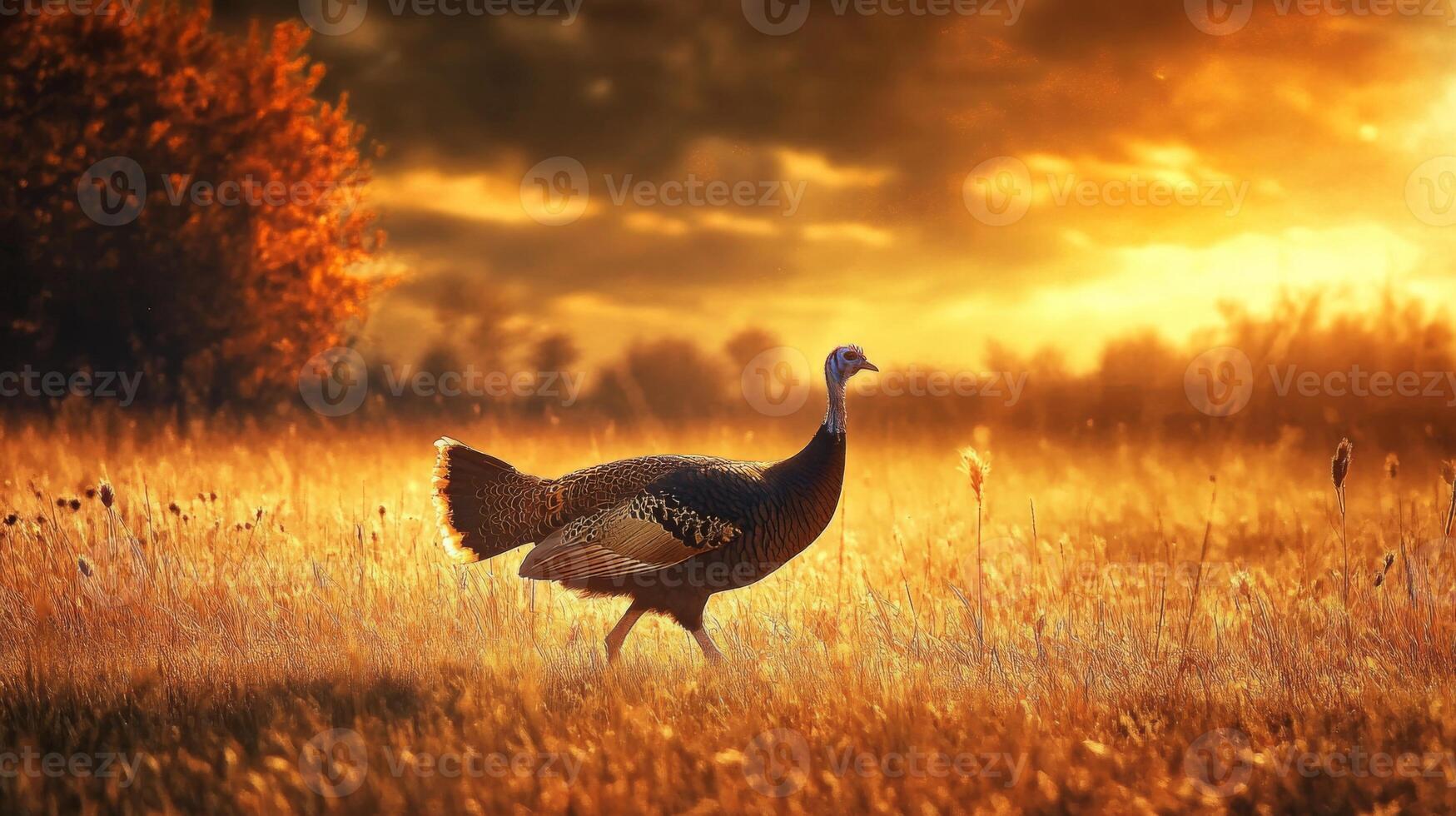 A turkey is walking in a field at sunset photo