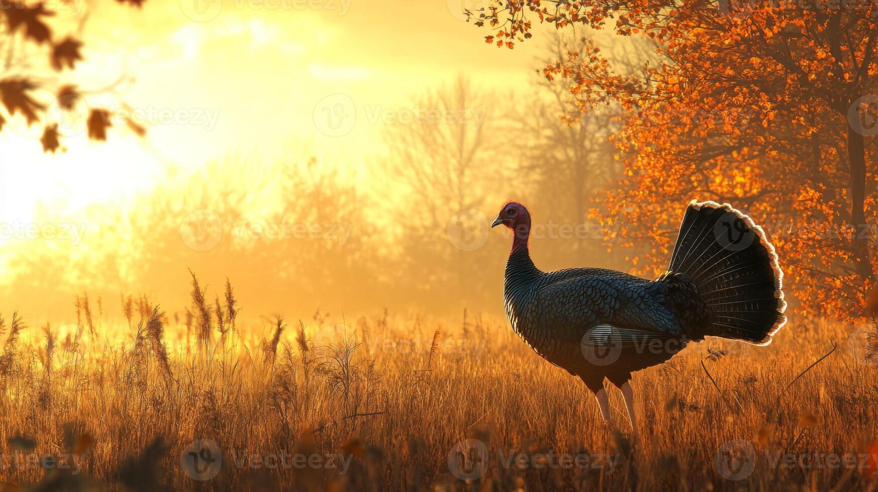 A turkey is walking in a field at sunset photo