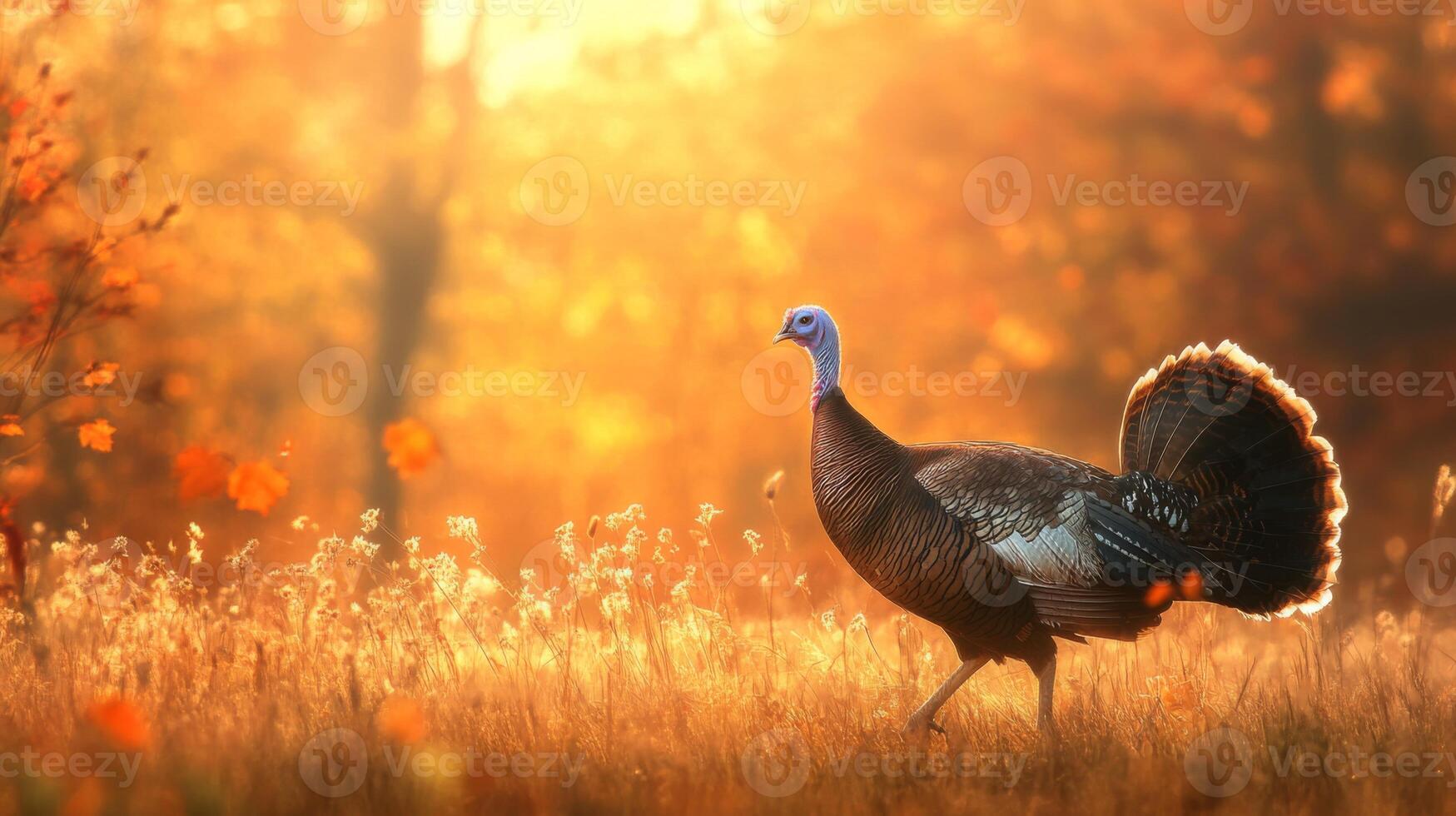 A turkey is walking through a field with the sun in the background photo