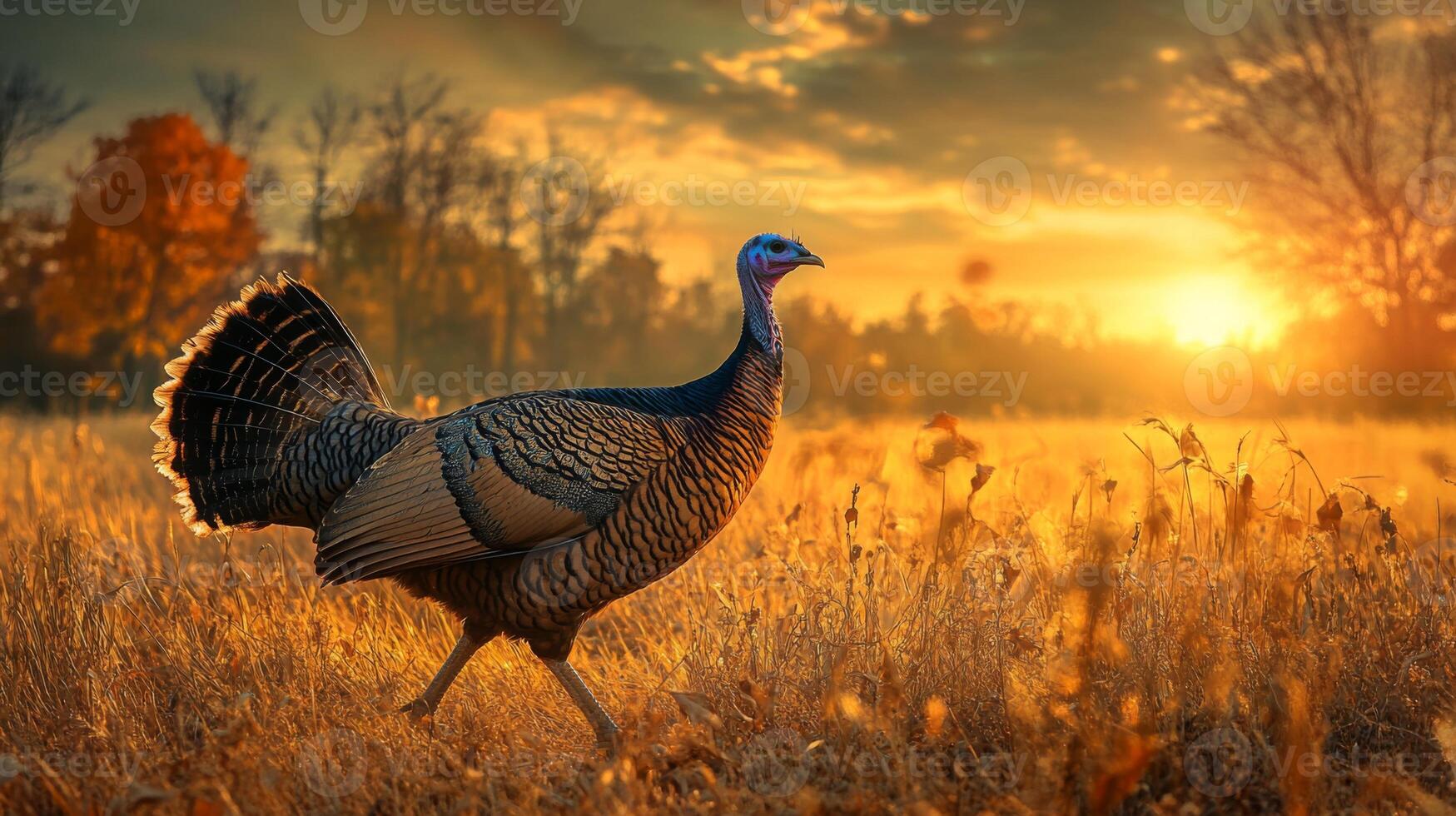 A turkey is walking in a field at sunset photo