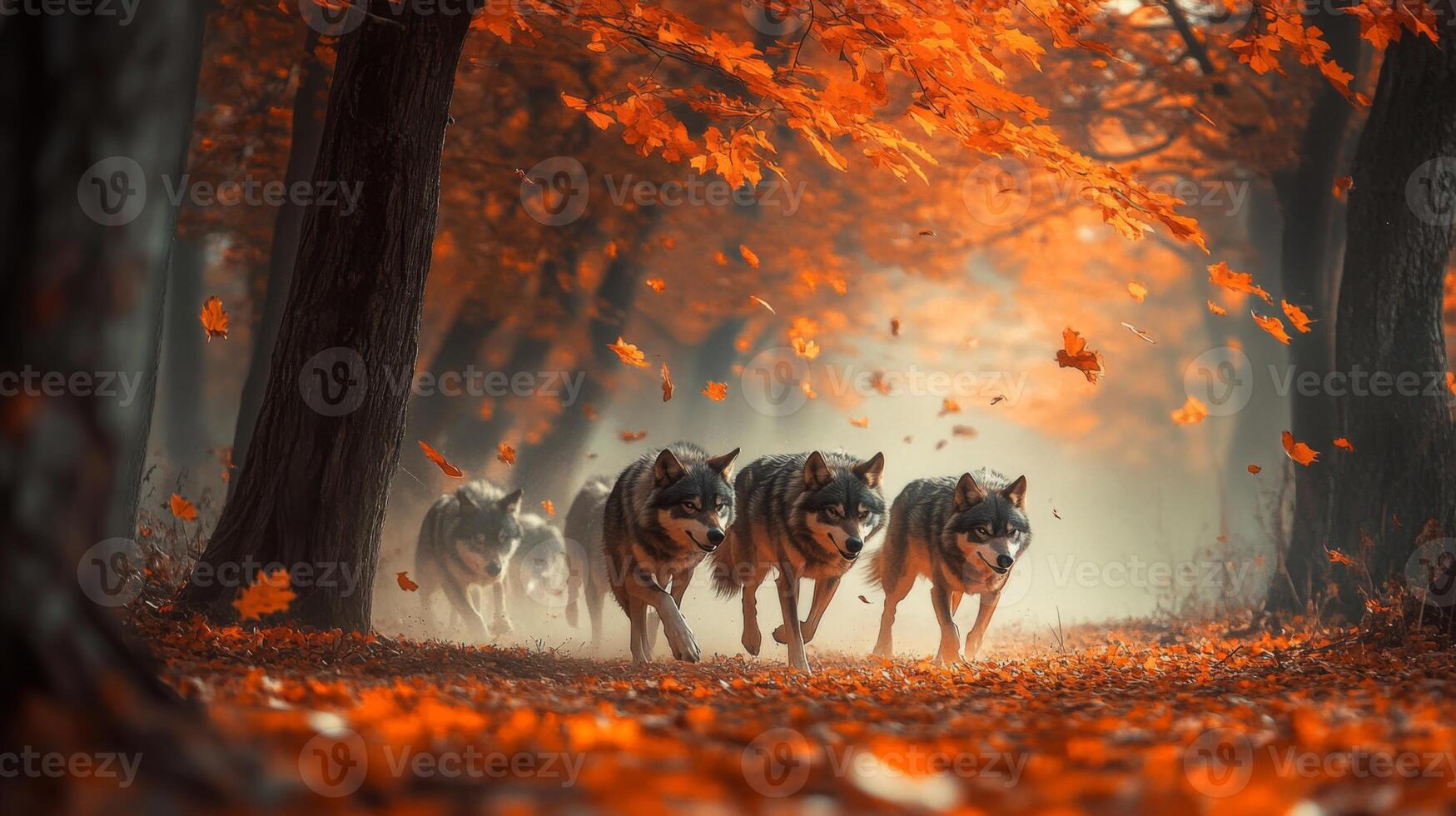 Three wolfs running through the woods in the fall photo