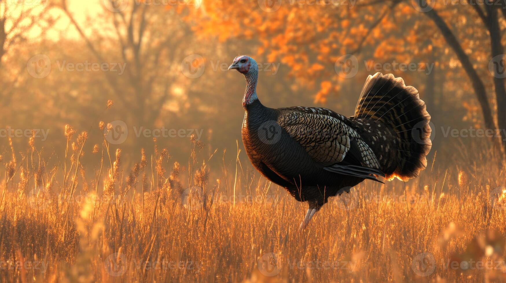 A turkey is walking through a field at sunset photo