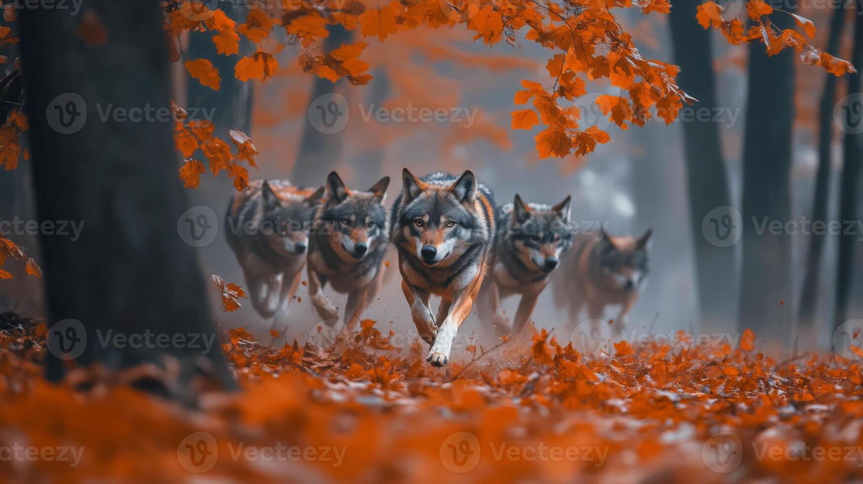 A group of wolves running through the woods photo