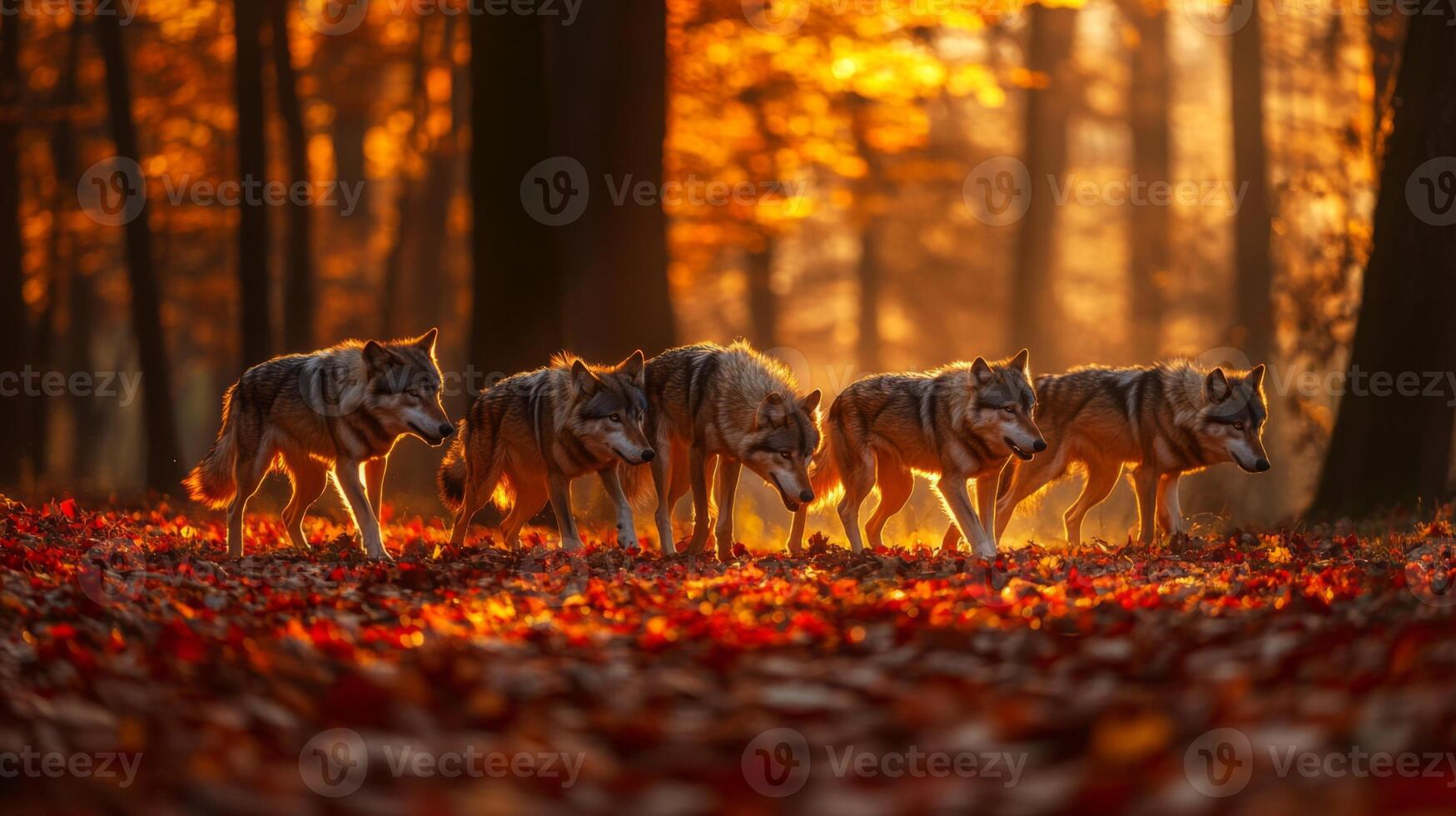 Wolf pack walking in the forest at sunset photo