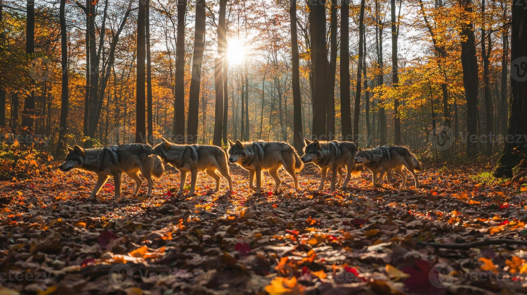 Wolf pack walking through the forest in autumn photo