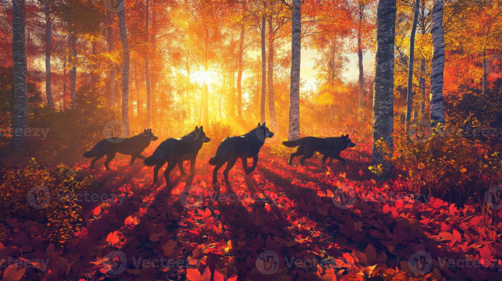 Three wolves walking through a forest at sunset photo