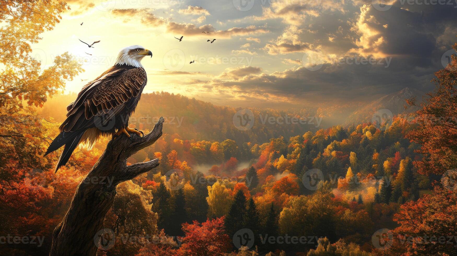 An eagle is perched on a tree branch in the middle of a forest photo