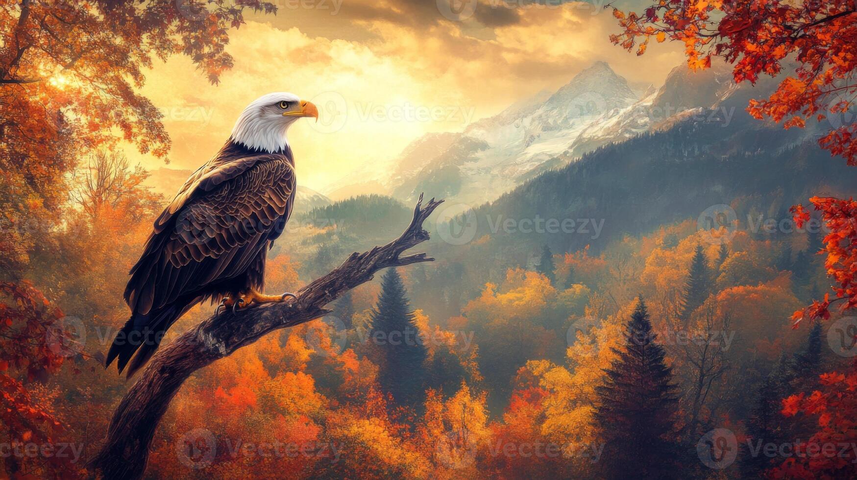 An eagle sits on a branch in front of a mountain and autumn trees photo