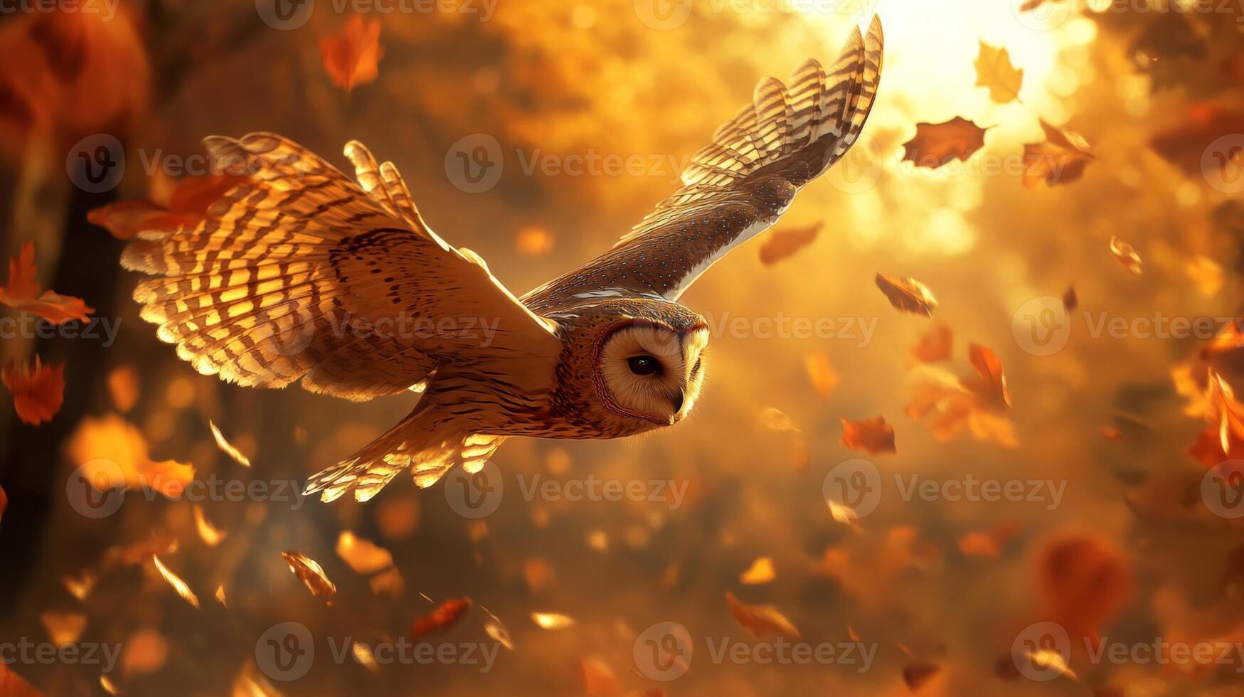 An owl flying through the air with leaves falling photo