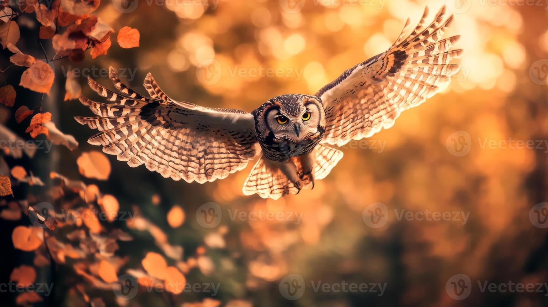 Owl flying in the air with leaves in the background photo