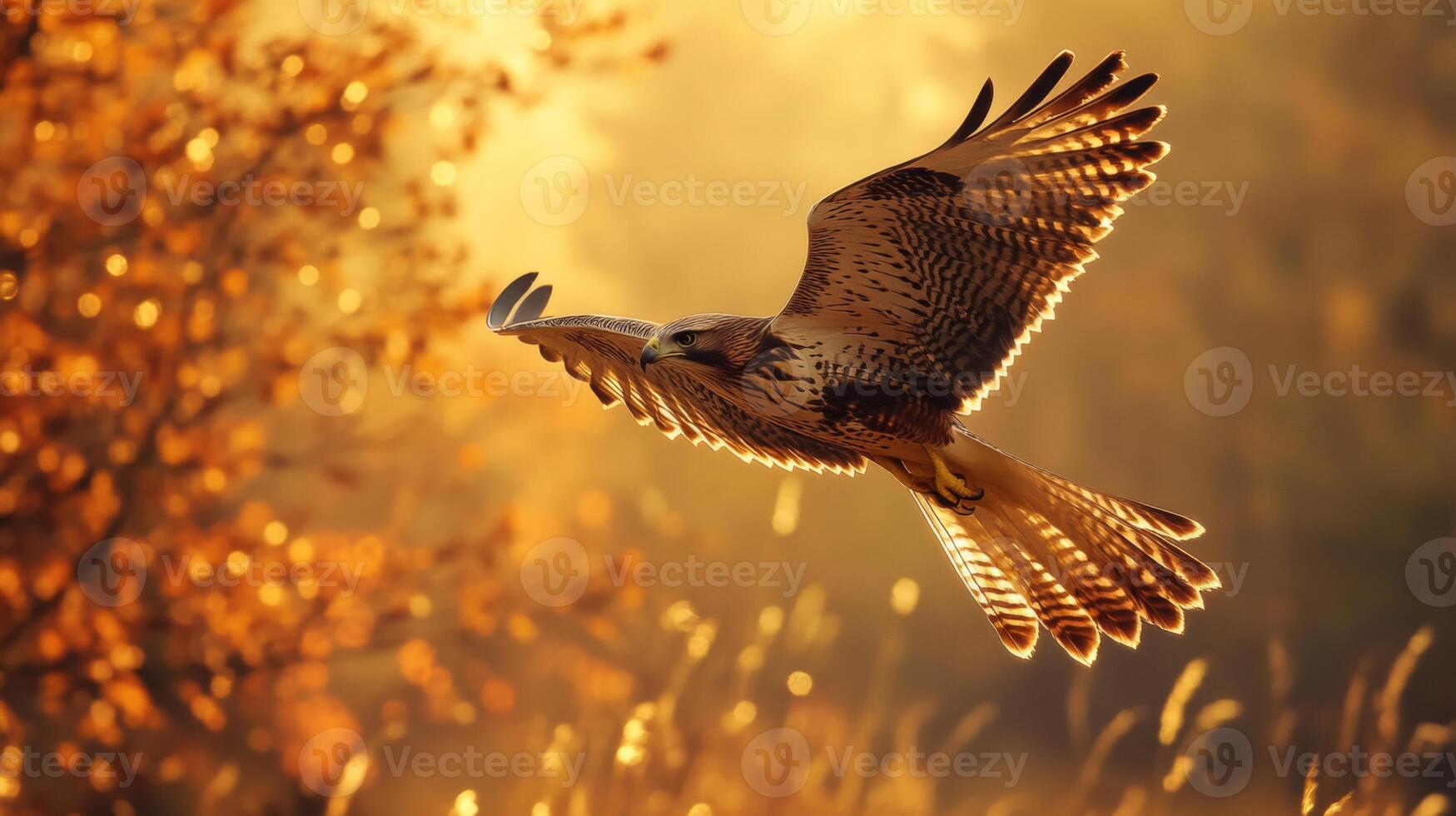 A hawk flying over a field with autumn leaves photo