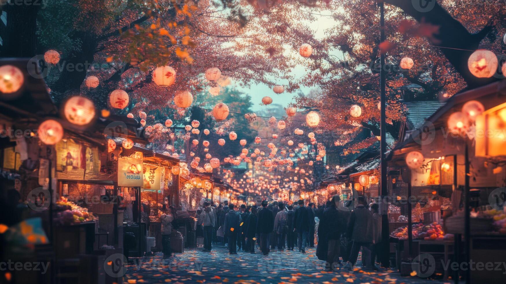 Illuminated Street Market in Japan with Lanterns and Autumn Leaves photo