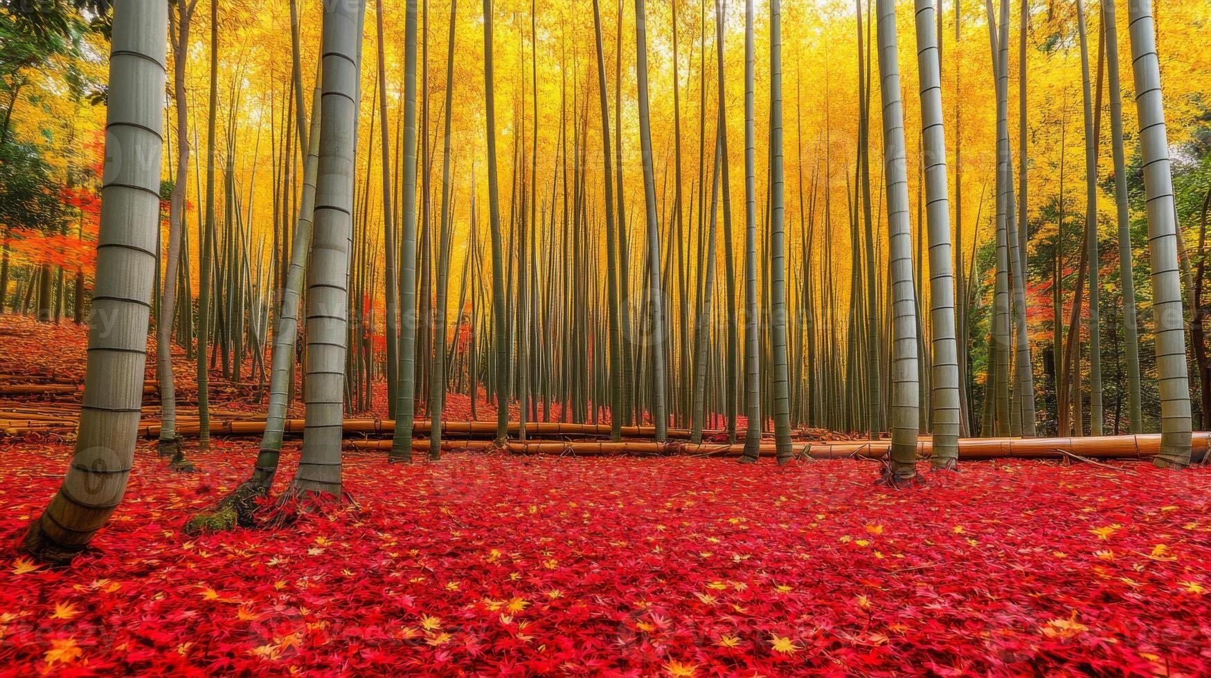A Red Carpet of Fallen Leaves in a Bamboo Forest photo