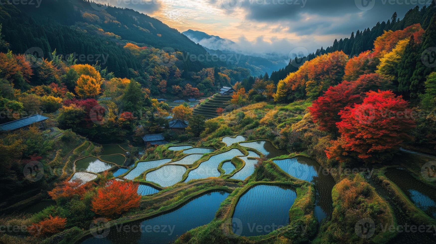 Autumnal Landscape with Rice Terraces and Mountains in Japan photo