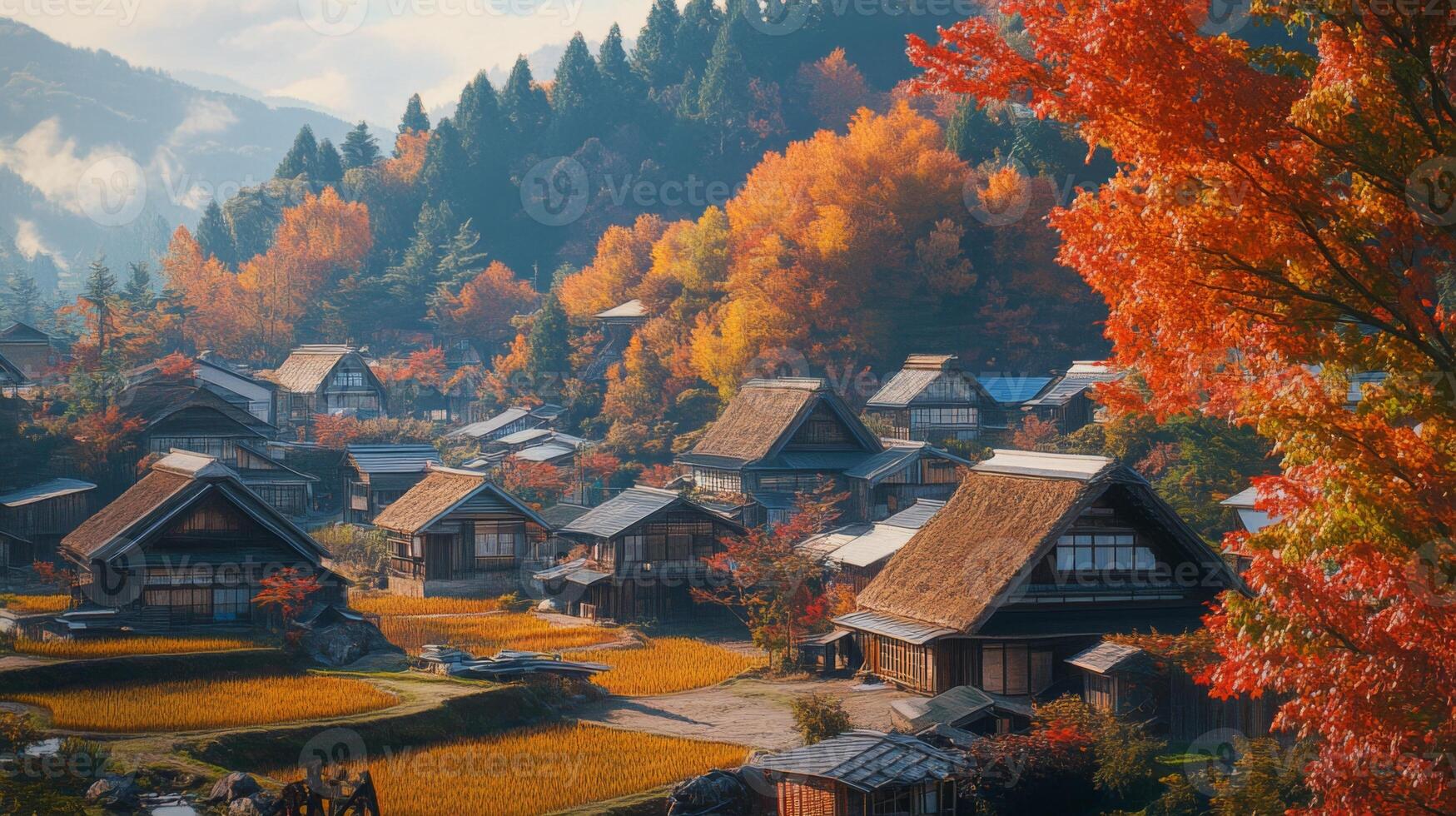 Traditional Japanese Village Nestled in Autumnal Foliage photo