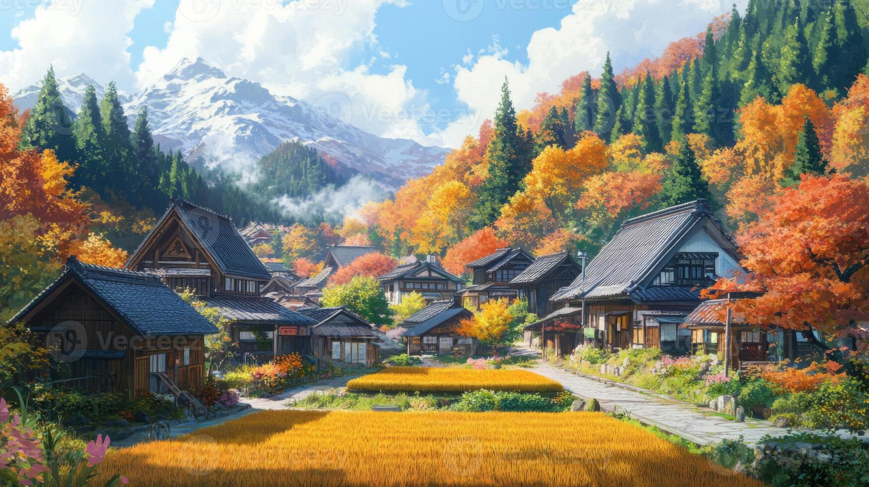 Traditional Japanese Village Nestled in Autumnal Mountain Valley photo