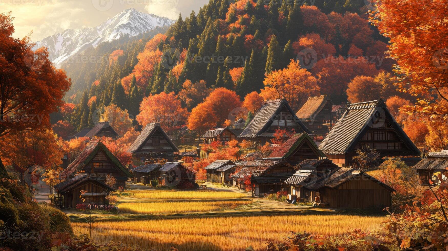 Traditional Japanese Village Nestled in Autumn Foliage with a Snow-Capped Mountain in the Background photo