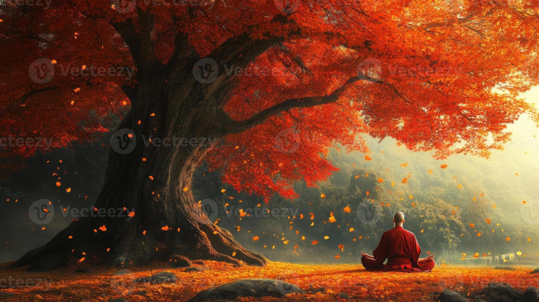 A Monk Meditating in a Forest with Falling Autumn Leaves photo