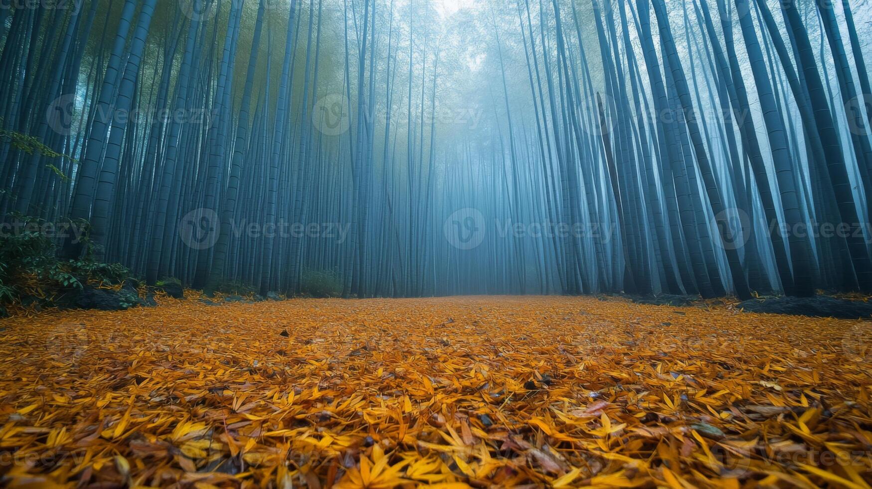 A Pathway Through a Foggy Bamboo Forest with Golden Leaves photo