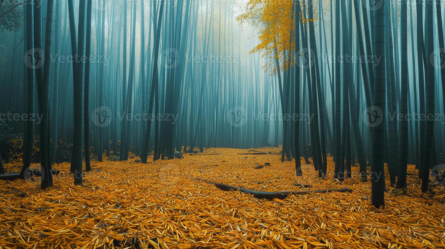 A Mystical Bamboo Forest Path Covered in Golden Leaves photo