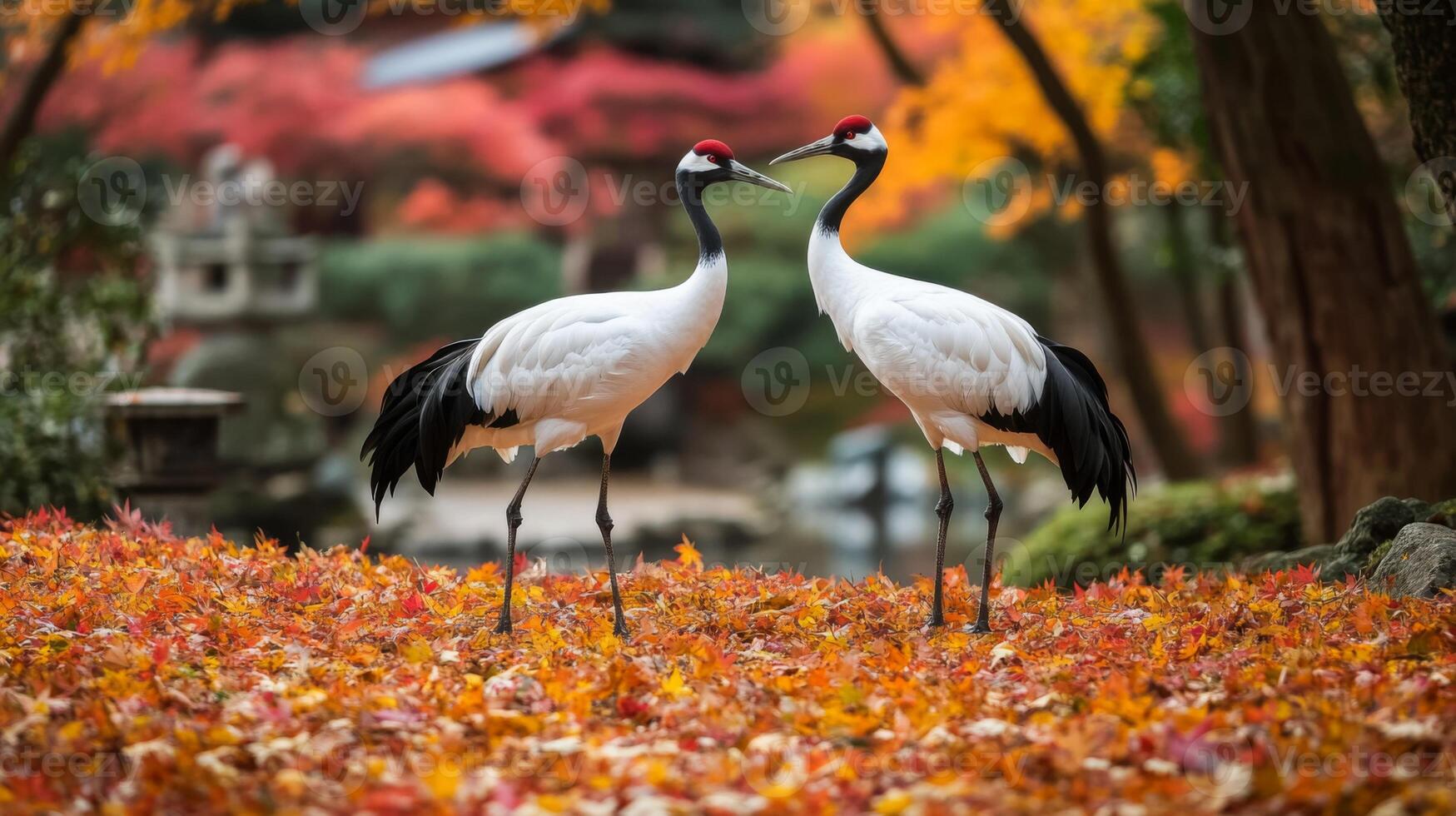Two Red-Crowned Cranes Standing on a Bed of Autumn Leaves photo