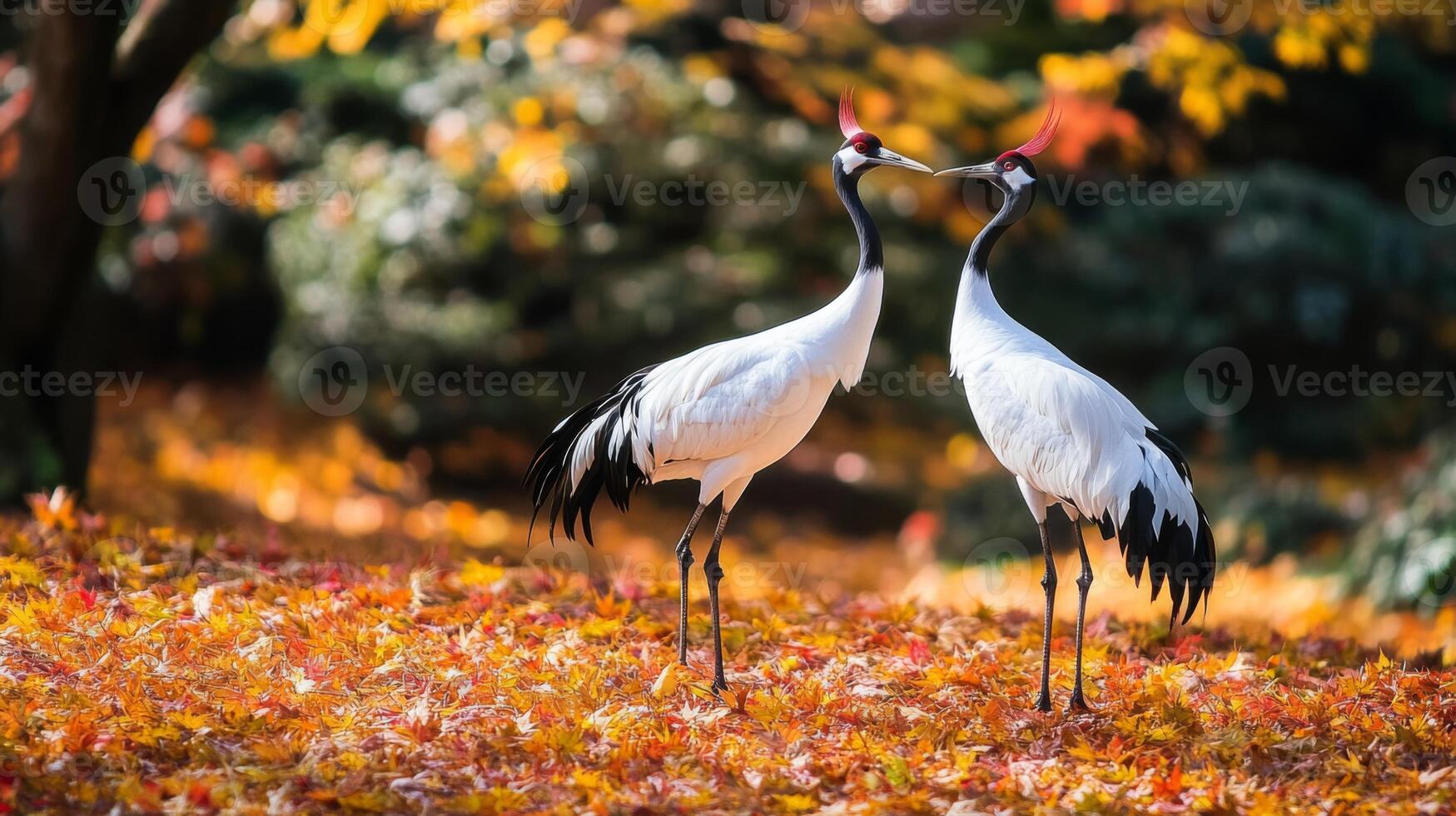 Two Red-Crowned Cranes Facing Each Other in an Autumnal Setting photo