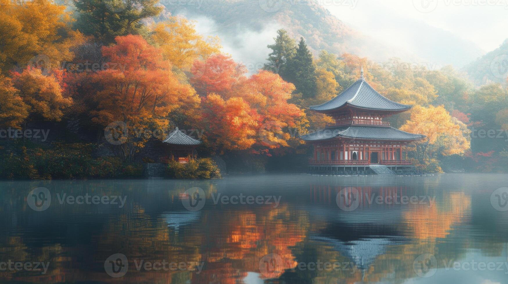 Tranquil Japanese Temple with Autumn Foliage Reflected in a Misty Lake photo