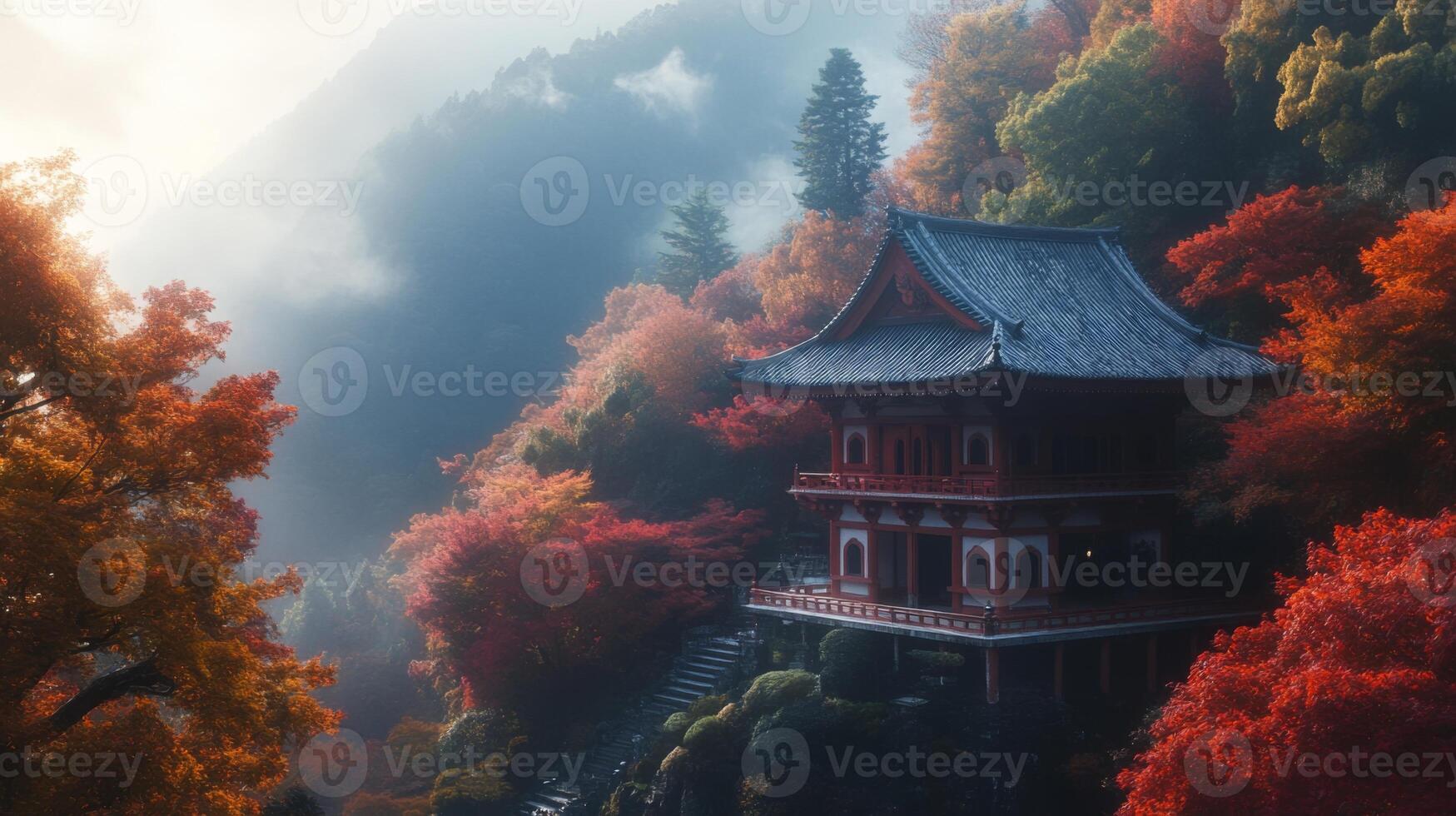 A Traditional Japanese Temple Nestled in a Misty Autumn Forest photo