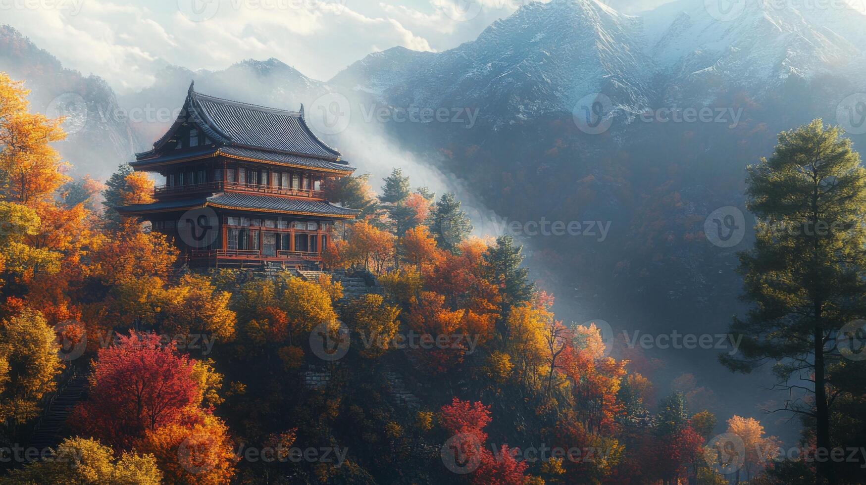 Ancient Temple Nestled in Misty Mountain Forest photo