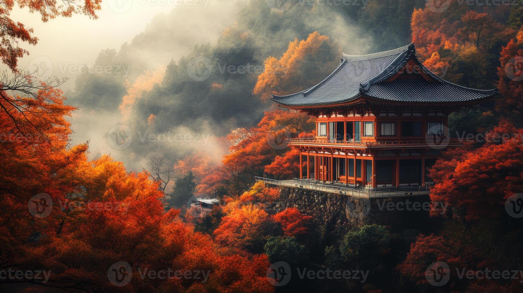 Traditional Japanese Temple Perched on a Mountainside Amidst Vibrant Autumn Foliage and Misty Atmosphere photo