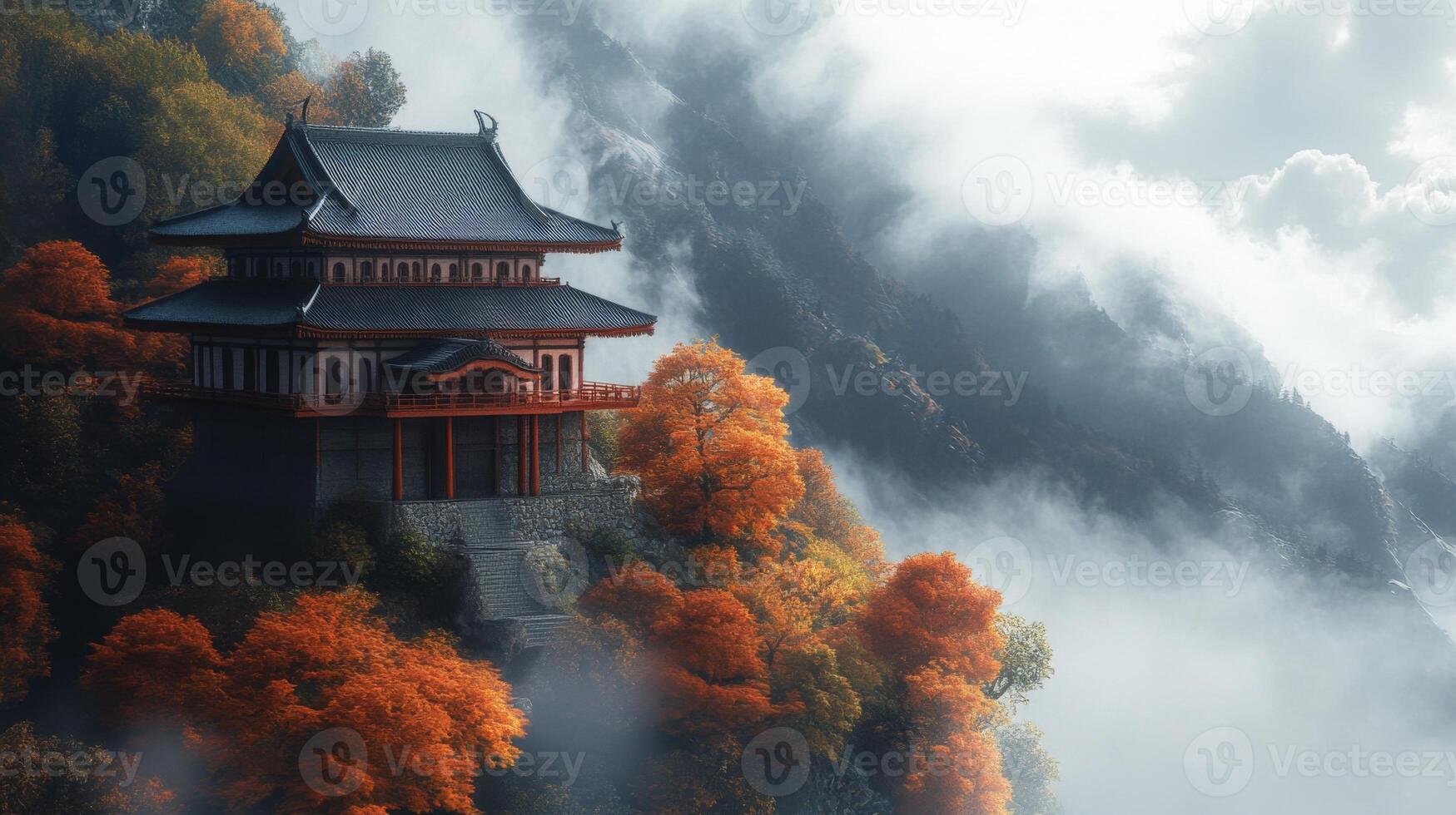 Ancient Chinese Temple Perched on a Mountainside Amidst Fog and Autumn Foliage photo