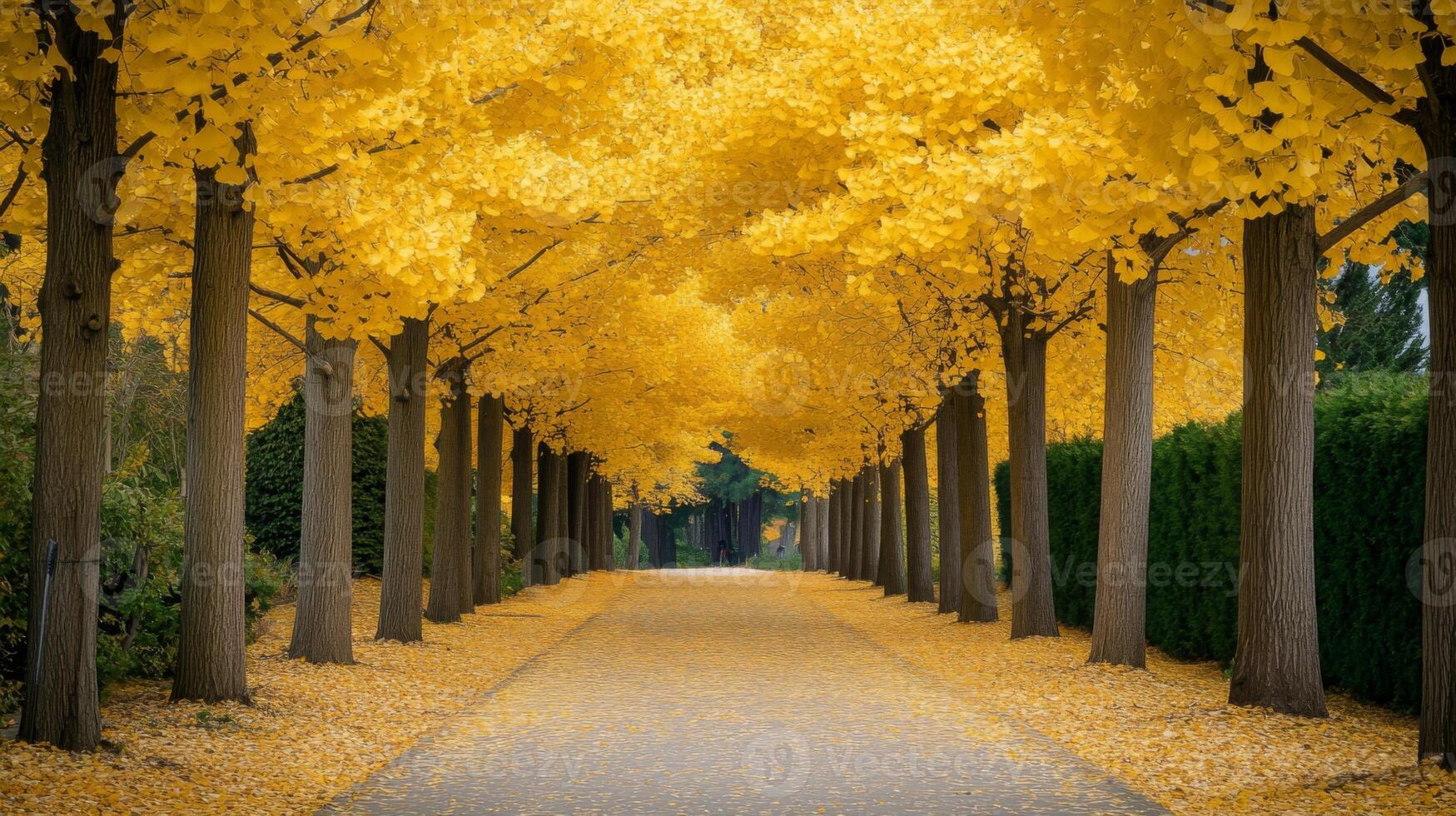 Golden Leaves Line a Pathway Through a Row of Trees photo