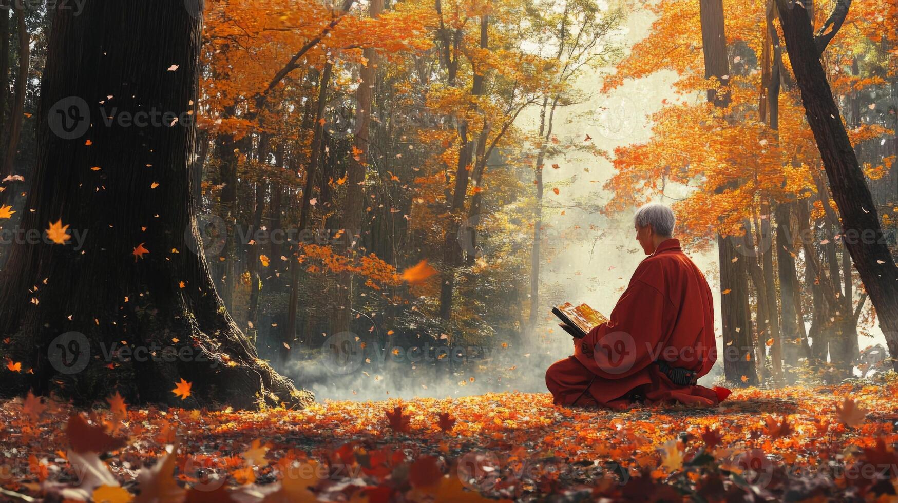 Solitary Figure Reading in an Autumnal Forest photo
